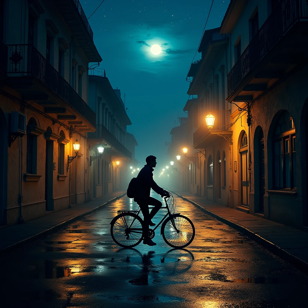 Riding a Bicycle, night photography, nocturnal beauty, city lights, starry skies, celestial wonders, moonlit landscapes, urban glow, capturing the essence of darkness, ethereal atmosphere, dramatic shadows, magical ambiance, long exposure techniques, expert use of light sources, (best quality, masterpiece, photorealistic), very aesthetic, perfect composition, intricate details, ultra-detailed, vivid colors