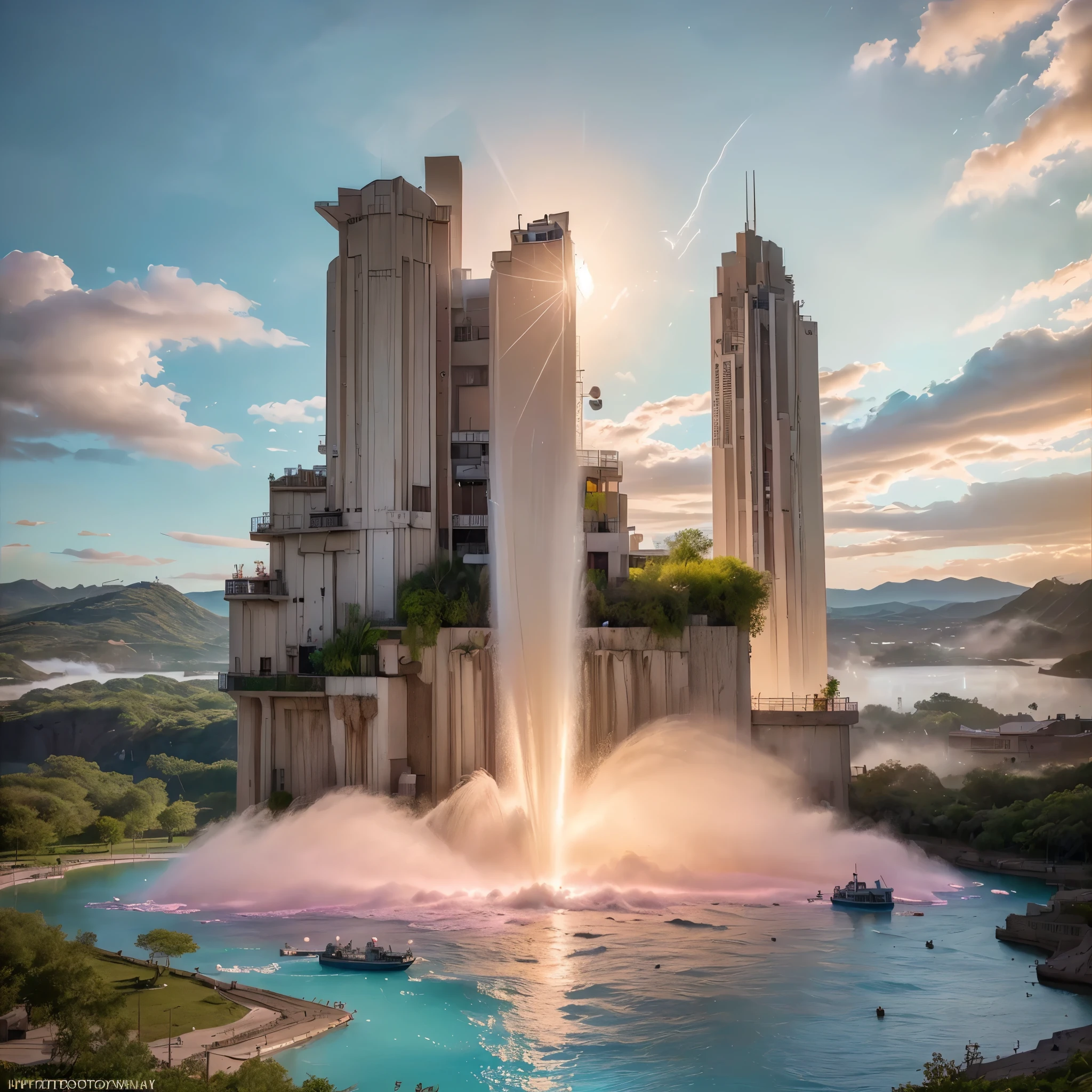 (8k, highest quality, masterpiece, final fantasy style: 1.2), (unRealistic, photoRealistic: 1.37), Dreamy landscape, epic scenes, sunset, Fantasy, Unsurreal landscapes, Super detailed, Flying futuristic neoclassical Castle, Floating Island in the Sky, Seven-colored swirl of light, Intense lightning, nebulas,Complex Light, Colored light, blue clear Large Lake, Starry sky reflected on the lake surface, Countless shining stars, Meteors, Reflections , (A pillar of light emanated from the ground:1,2), (((roses and orchids gardens , bright day , pink and blue clouds, waterfalls in the sky, realistic style, Hyperrealistic drawing, a flying pirate spaceship floating high above the clouds)))) , burning futuristic skyscrapers, , timeless realms, healing light magic effect, in a crystal clear blue magical lagoon of the fairyland, crystal clear water silver surface reflections, sharp focus, looking at viewer, (close-up:0.9), (bright white theme:1.2), (bright white tone:1.2), (deep blue tone:1.3),((( realistic, Hyperrealism, vivid colours , landscapes , alien nature , science fiction themes))),