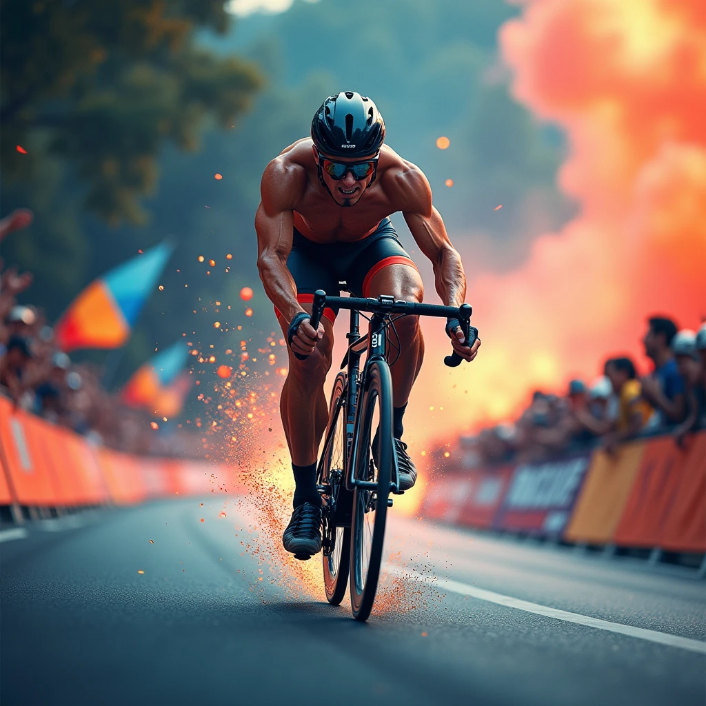Riding a Bicycle, sport photography, action-packed moment, dynamic, intense competition, thrilling movement, showcasing skill, conveying energy, adrenaline-fueled visuals, immersive experience, storytelling through action, dramatic composition, showcasing passion, capturing decisive moments, vibrant colors, dynamic composition, powerful imagery, engaging perspective, (best quality, masterpiece, photorealistic), very aesthetic, perfect composition, intricate details, ultra-detailed, vivid colors