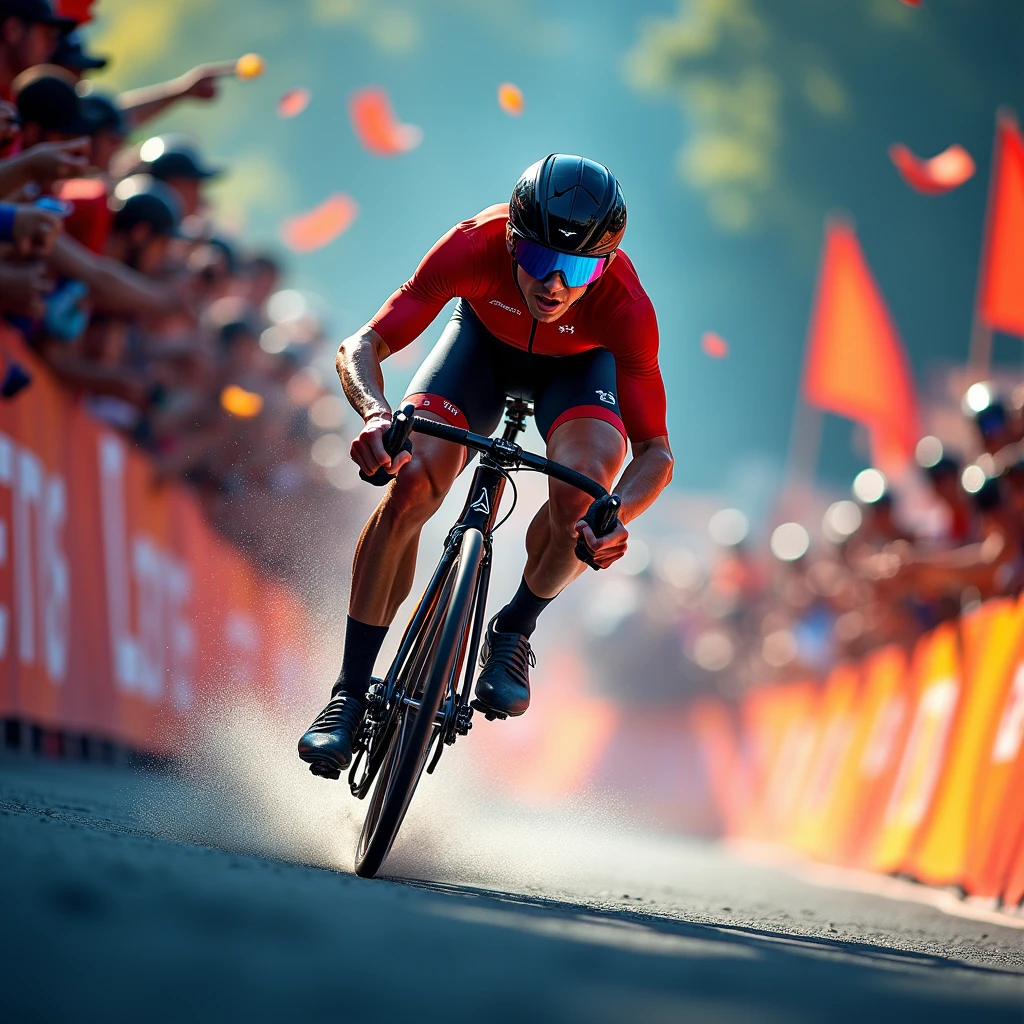 Riding a Bicycle, sport photography, action-packed moment, dynamic, intense competition, thrilling movement, showcasing skill, conveying energy, adrenaline-fueled visuals, immersive experience, storytelling through action, dramatic composition, showcasing passion, capturing decisive moments, vibrant colors, dynamic composition, powerful imagery, engaging perspective, (best quality, masterpiece, photorealistic), very aesthetic, perfect composition, intricate details, ultra-detailed, vivid colors