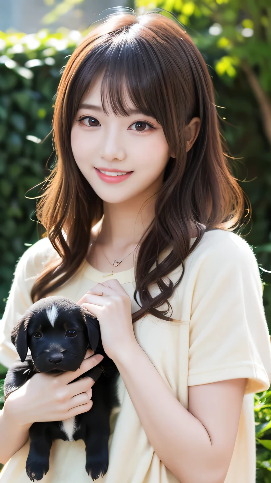 (masterpiece:1.2,Highest quality),Blur the background,1 female college student,((Cute casual clothes)),((Holding a puppy)),Wavy Hair,((Beautiful Eyes)),Blushed,Healthy Skin,(smile),garden,8k resolution