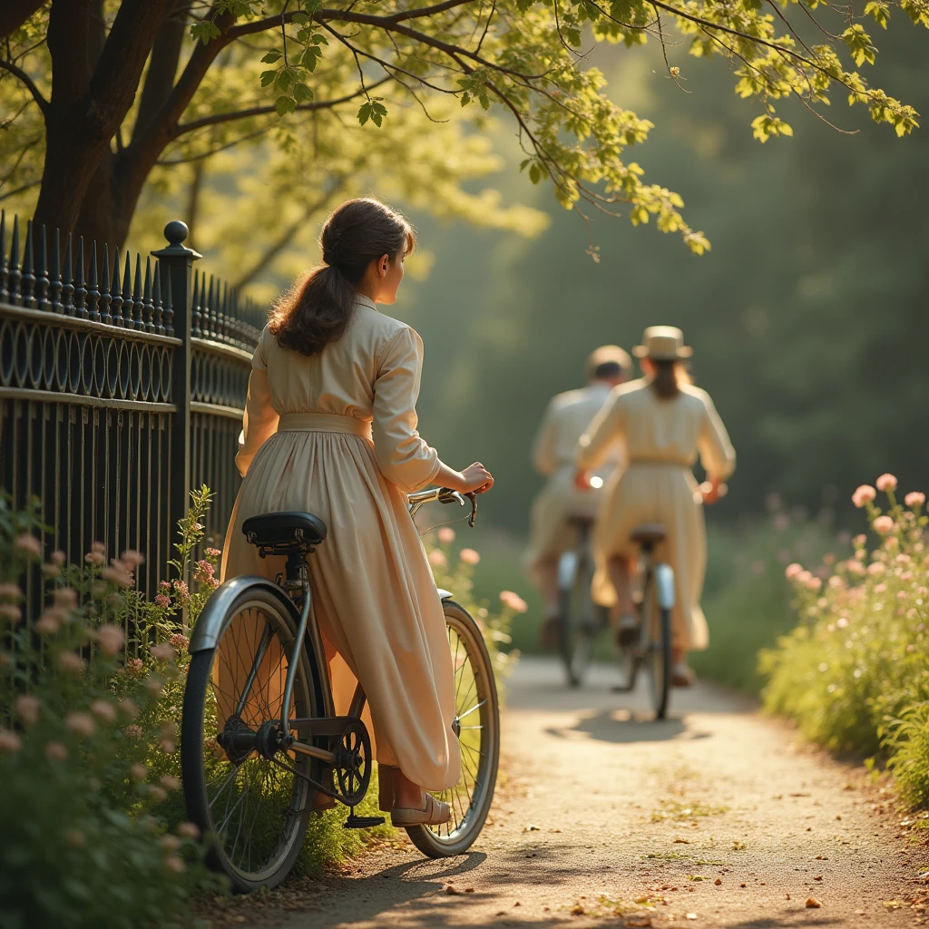Riding a Bicycle, vintage photography, nostalgic charm, timeless appeal, old-world aesthetics, classic elegance, warm tones, soft focus, aged textures, evoking nostalgia, historical ambiance, storytelling through imagery, vintage atmosphere, timeless compositions, authentic vintage look, professional technique, (best quality, masterpiece, photorealistic), very aesthetic, perfect composition, intricate details, ultra-detailed, vivid colors