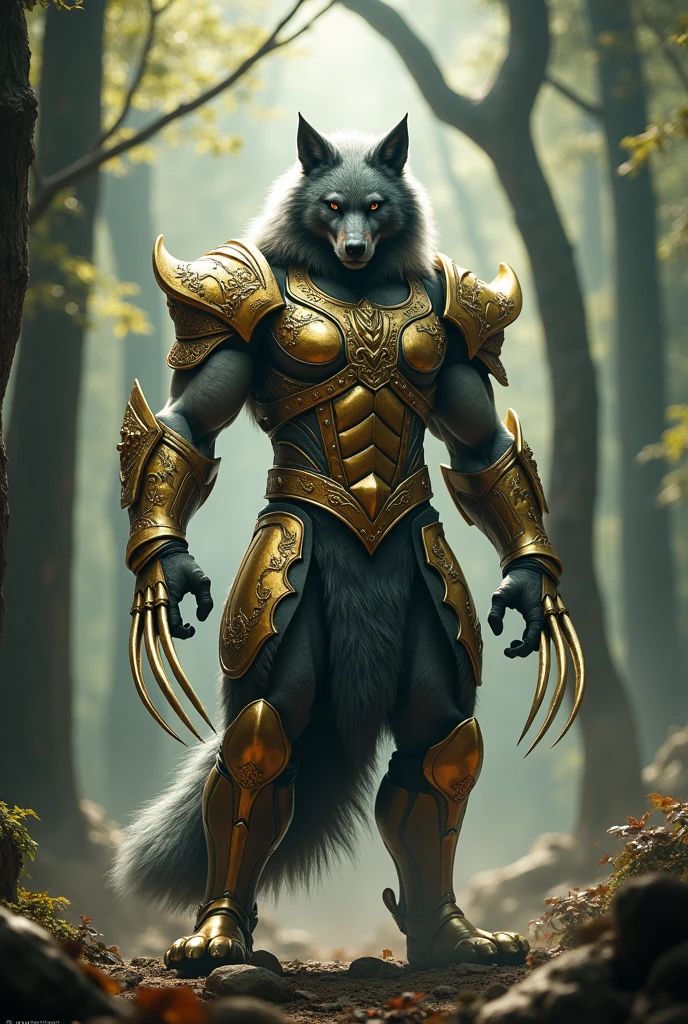 Hybrid Wolverine with wolf Armor golden realistic 4k HDR
