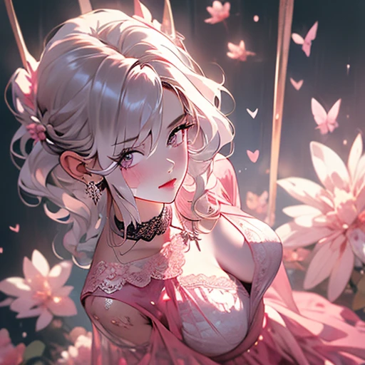 masterpiece, best quality,absurdres,(anime),1 lady,(platinum hair:1.1),short hair,wavy hair,(beautiful pink eyes:1.1),(hair over one eye:1.1),embarrassed,happy,BREAK,(pink cheerleader dress with black lace overlay:1.2),,(pink lace choker with black heart pendant:1.1),(pink and black lace headdress:1.1),BREAK,(nsfw:1.3),nipple,(uppre body),nipple,(from above:1.1),flower background,wet hair, against glass, breasts on glass, breast press