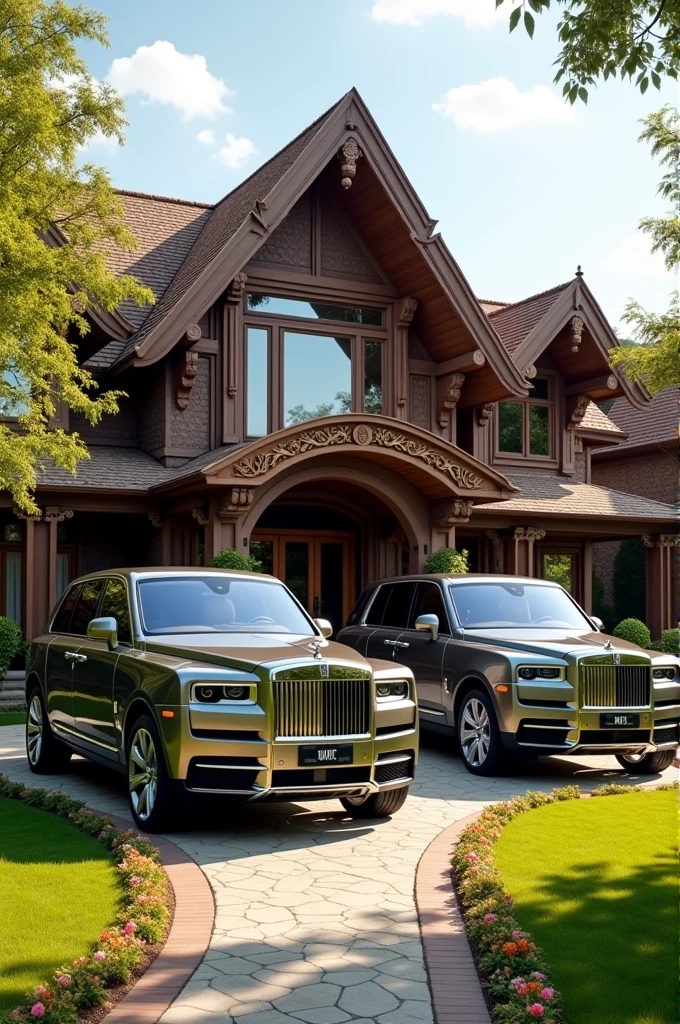 A big bungalow with four wheelers parked in front of it