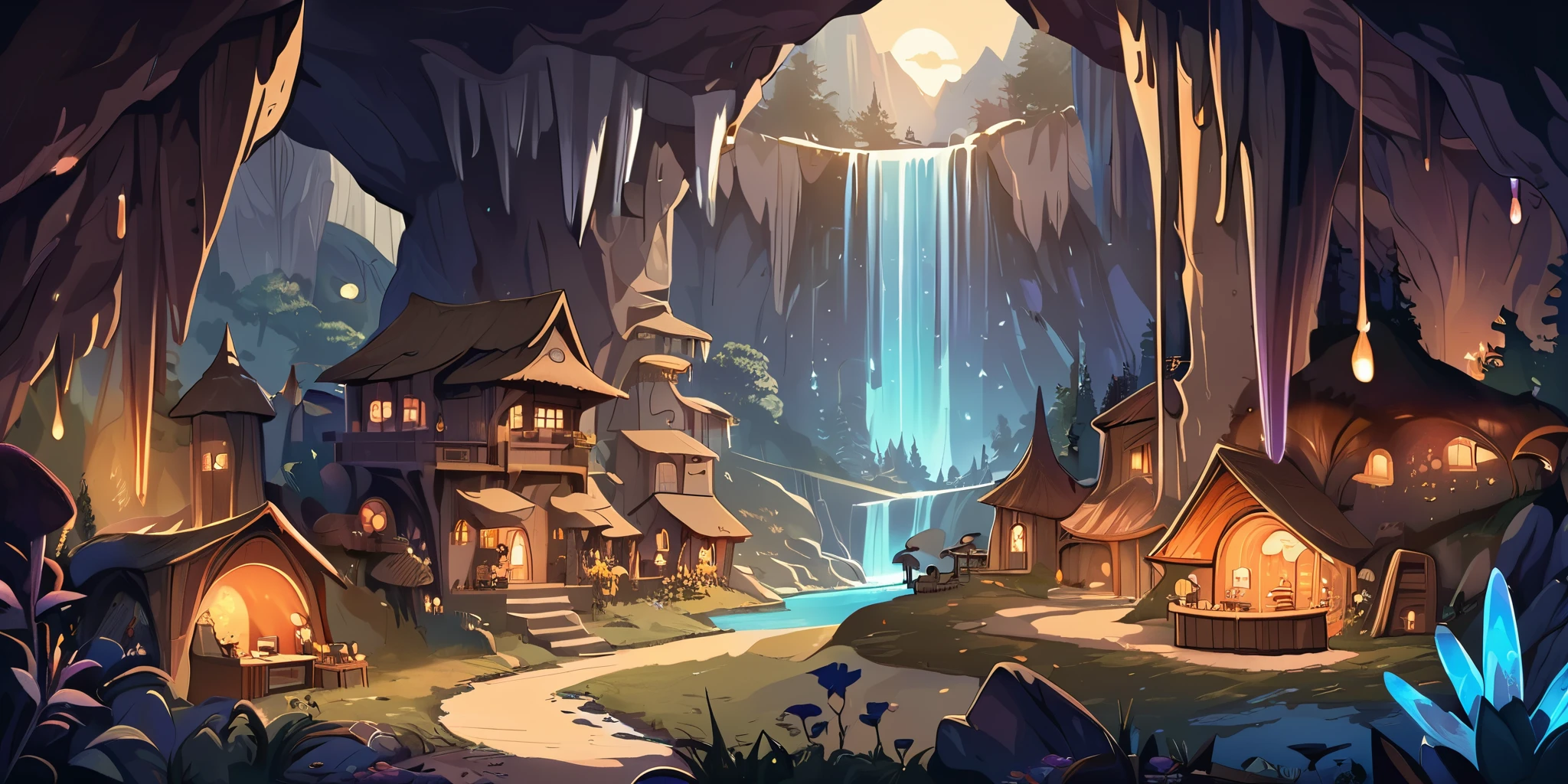 Dessinez un poster d'un village hobbit, dans le style lofi, magical decoration, cascade of light, cave, stalagmites, Stalactites, mushroom, crystals, la nuit, beautiful taupe color palette, couleurs saturées vibrantes, Artwork, aucun humain, dark brown theme