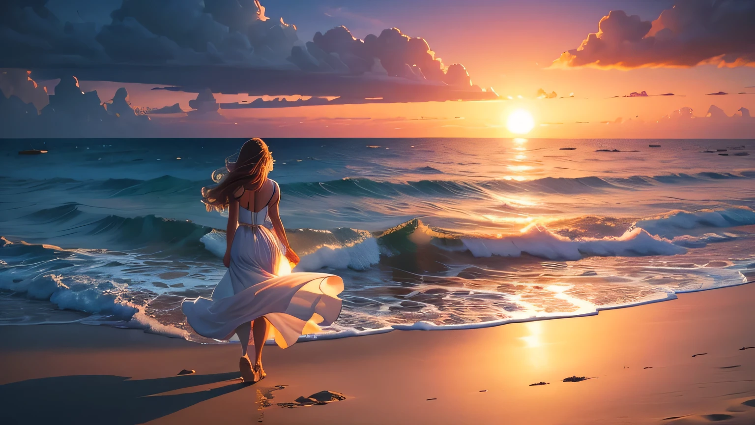 sunset on the beach with a woman walking on the sand, by Cirilo Rolando, Surreal photograph of a beach, beautiful digital artwork, inspired by Cirilo Rolando, loose hair with backlight, in style of cyril rolando, beautiful digital art, shiny and flowing hair, shiny and flowing hair, aenami alena style, dramatic background, breathtaking digital art, watching the sunset