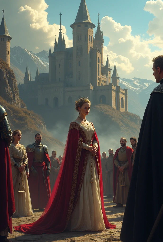 A medieval queen facing forward, dressed elegantly without showing her body, with a nervous expression looking at the Catholic rosary in her hands., In the background, a beautiful castle with Gothic architecture, blue sky, in the background and mountains. In the background, many people are looking at her with fear in their faces, He is a lord with black robes and cloak, and a devilish face, holding a balance of justice. Around the queen, a maid and a lackey., and next to her, two soldiers and a Catholic bishop in liturgical robes
