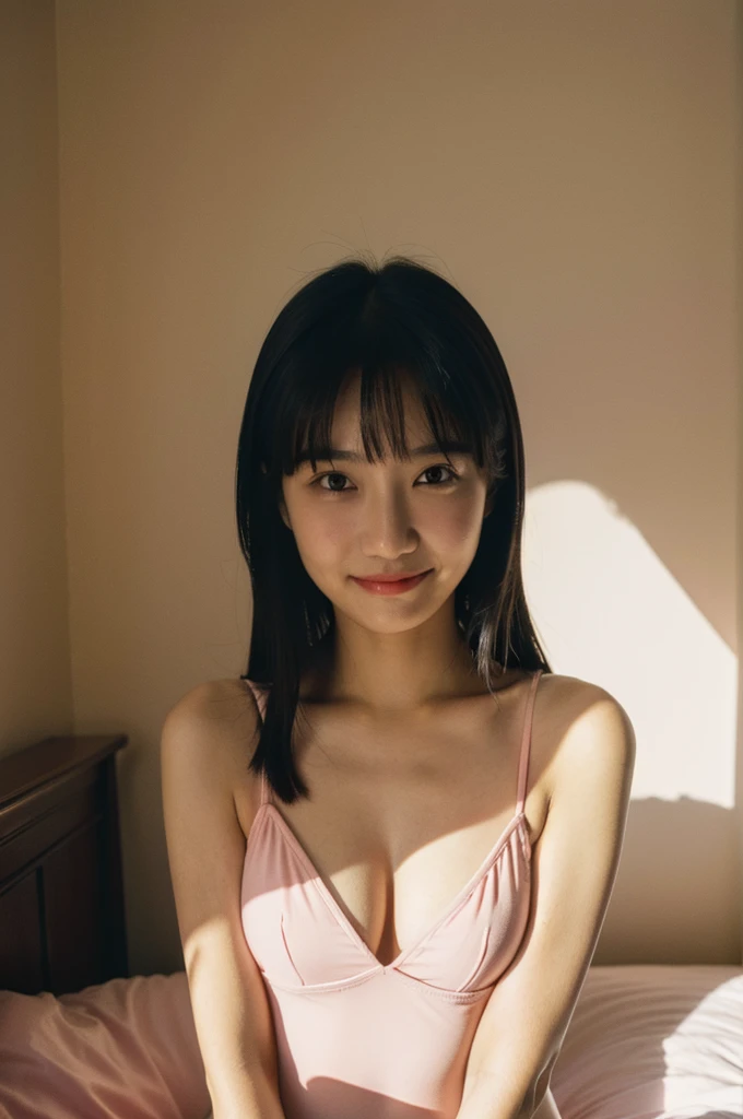 Highest quality,masterpiece,Ultra-high resolution,(reality:1.9),Original photo,
One person,Shadow,chest,whole body,Bangs between the eyes, Long Hair, Close your mouth,smile,Japanese,On the bed,Pink Swimsuit