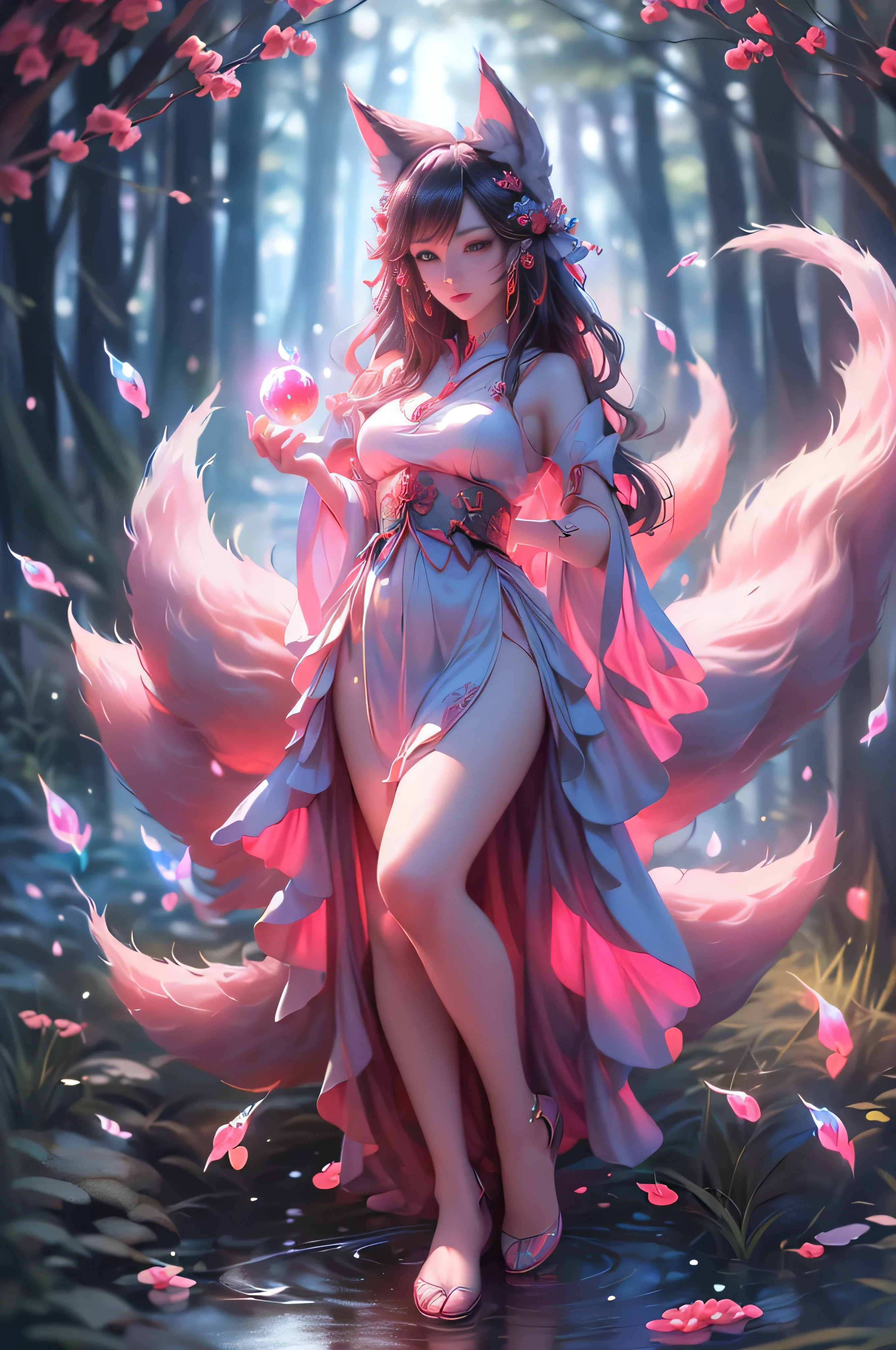 Masterpiece, Extremely detailed,best quality, photorealistic, close distance shot, (A beautiful kitsune woman with black hair walking in a rainy forest holding a small ball of blue fire), facing viewer, dynamic pose , fox ears, nine fox tails, traditional Japanese clothing.
