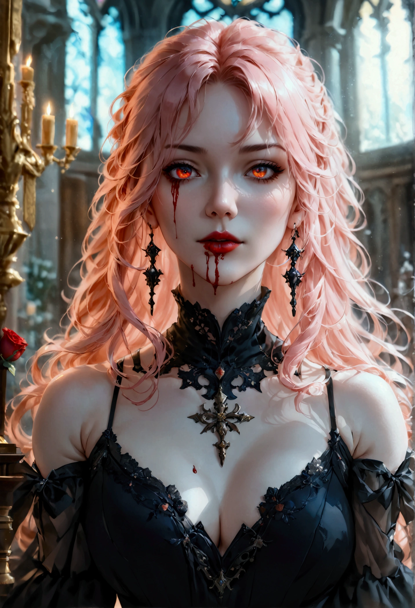 Arafed, dark fantasy art, glamour shot, award winning shot, photorealistic, a portrait of a female vampire drinking a ((glass of blood)), pink hair, long hair, red lips, glowing eyes, there is an imprint of white rose, dynamic color, she wears, an elegant (black dress: 1.5), catholic church and altar background, bar background, 16k, ultra detailed, masterpiece, best quality, (extremely detailed), rpg portrait, art by mooncryptowow, photograph