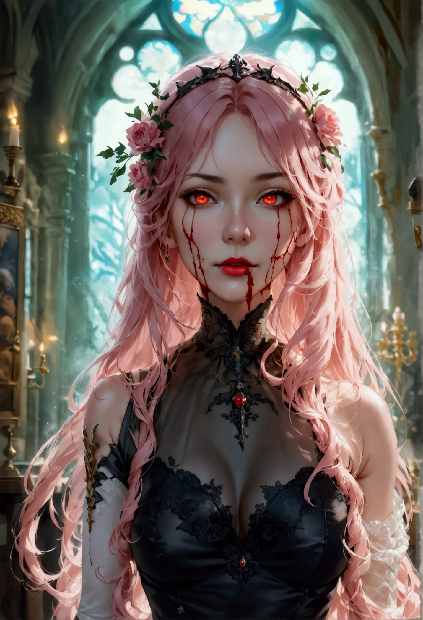 Arafed, dark fantasy art, glamour shot, award winning shot, photorealistic, a portrait of a female vampire drinking a ((glass of blood)), pink hair, long hair, red lips, glowing eyes, there is an imprint of white rose, dynamic color, she wears, an elegant (black dress: 1.5), catholic church and altar background, bar background, 16k, ultra detailed, masterpiece, best quality, (extremely detailed), rpg portrait, art by mooncryptowow, photograph