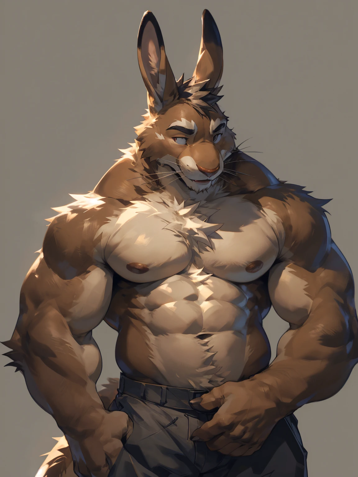 Light brown hare, in one color tone, with long ears, shirtless, chest, big chest view, abdomen, abs, six pack, male groin, v-line, intimate part, seducing (((gray background, gray wallpaper, one color))), by darkgem, by mystikfox61, by glitter trap boy