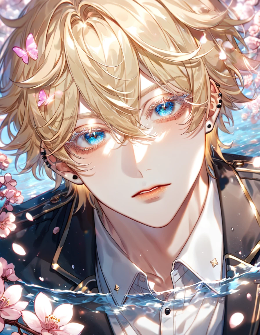 absurdres, highres, ultra detailed, HDR, master piece, best quality, extremely detailed face, delicated features, Lim Haegyung, ash-blonde hair, hair between the eyes, messy hair, expressive blue eyes, blonde colored eyelashes, Love Jinx, solo, sexy man, handsome, sensual, uniform, black jacket, white shirt, black piercings, cherry blossoms, pink flowers, pink butterflies, pink petals, water, park