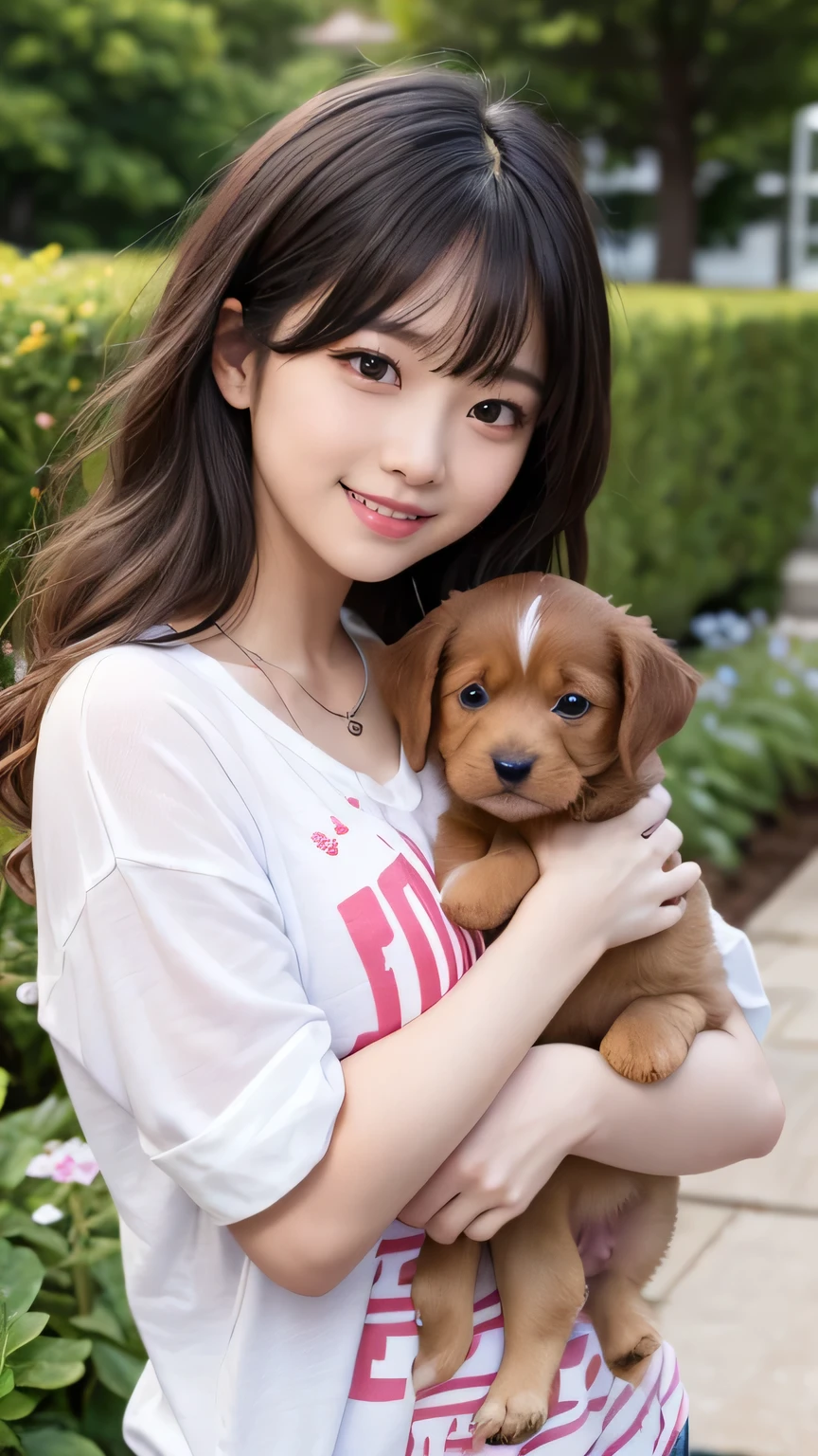 (masterpiece:1.2,Highest quality),Blur the background,1 female college student,((Cute casual clothes)),((Holding a puppy)),Wavy Hair,((Beautiful Eyes)),Blushed,Healthy Skin,(smile),garden,8k resolution