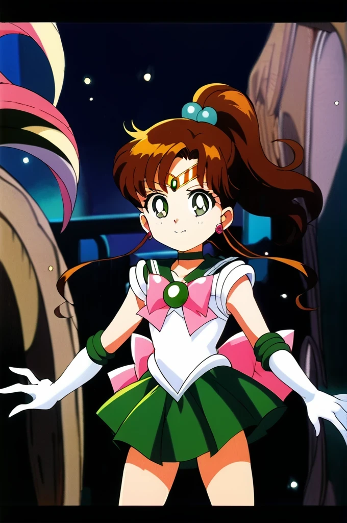 score_9, score_8_up, score_7_up, score_6_up, score_5_up, score_4_up, source_anime, (masterpiece:1.3),(highest quality:1.4),(Super detailed:1.5),8k,High resolution,an extremely delicate and beautiful,Official Art,Perfect Anatomy,(anime_screencap:1.11),(90s anime,90s anime style,Cel-shaded anime:1.47),anime coloring,(1girl:1.5), ((very young child:1.52)),
((aajupiter:1.52)), long hair, ponytail, hair bobbles, tiara, earrings, green eyes, green choker, green sailor collar, pink bowtie, white shirt, white leotard, elbow gloves, white gloves, green skirt, pink bow