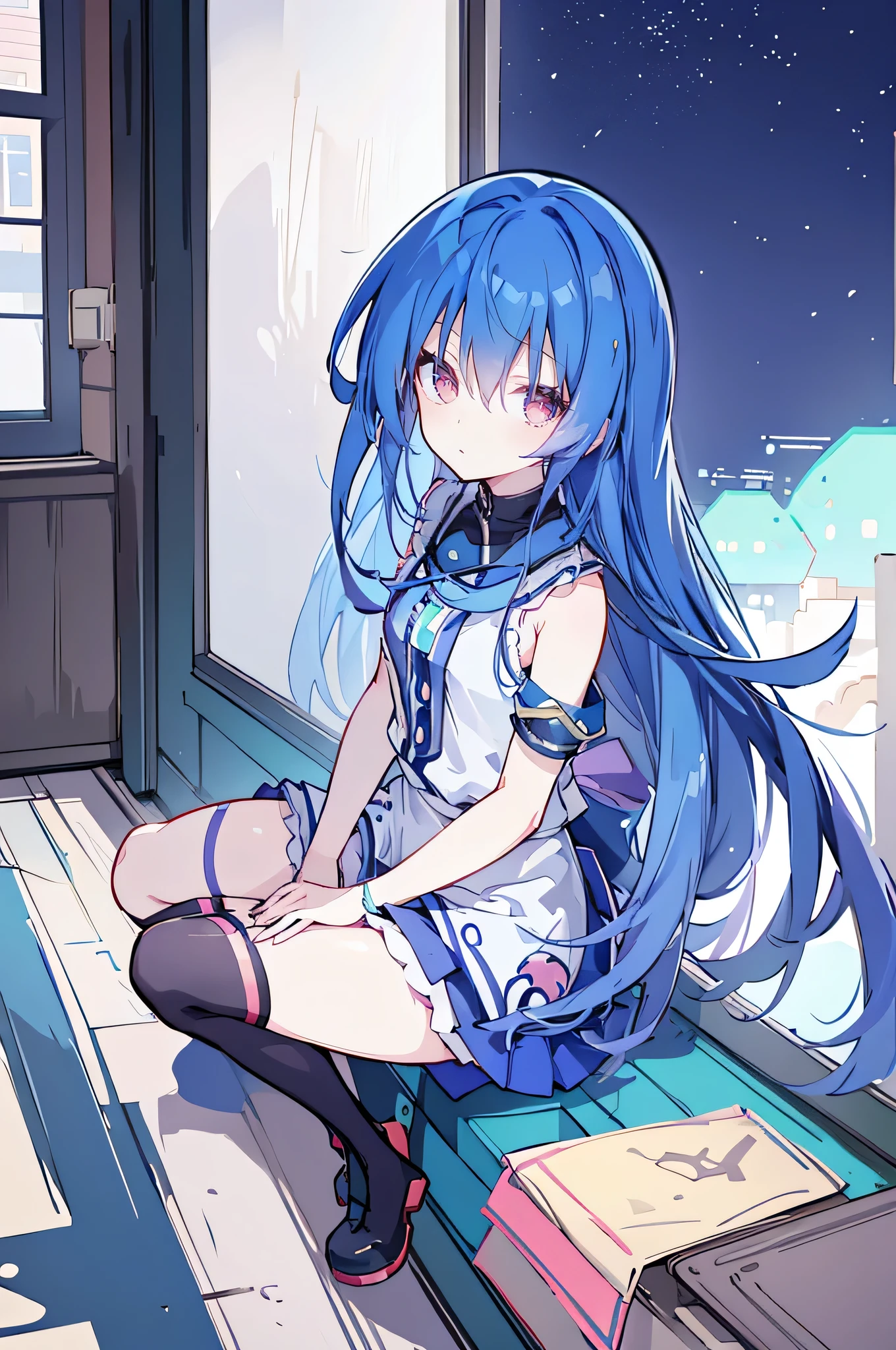 (masterpiece:1.2),Super detailed,Practical,expressive eyes,Fair skin,Perfect face shaping,1 Girl,
Japanese cartoons,Gorgeous blue hair, the long flowing blue hair,Floating clothes,Cat ears,Petals falling,beautiful lola,Young Angel,
Hands on waist,sit elegantly on the ground,Cross your legs,Gentle and peaceful background,Cool and cozy pavilion,Sunset,