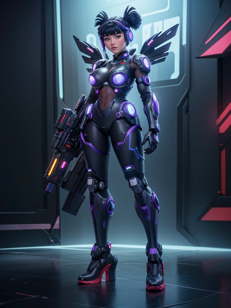 a girl wearing mecha cyber armor,technology bodysuit,smart lines in the costume,twintail, long cleavage,tech boots,tech gloves,(mechanized valkyrie girl),full body,high heels,intricate details,hyper realistic,8k,,dynamic pose,dramatic colors,complex patterns,futuristic,cyberpunk,chiaroscuro lighting,highly detailed,photorealistic,unreal engine,volumetric fog,advanced rendering, technology pistol in hands shining.