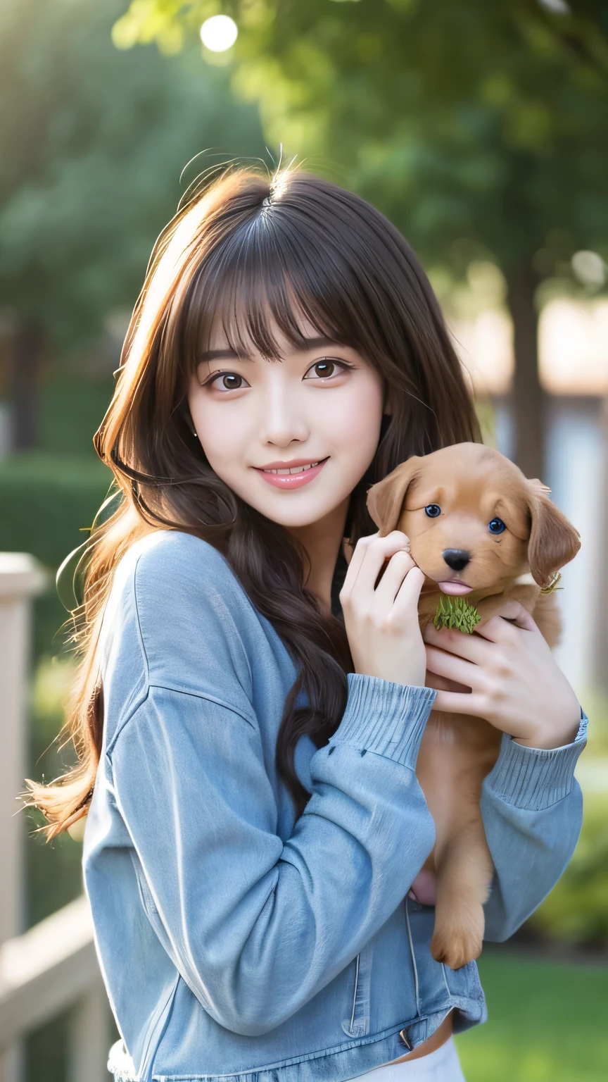 (masterpiece:1.2,Highest quality),Blur the background,1 female college student,((Cute casual clothes)),((Holding a puppy)),Wavy Hair,((Beautiful Eyes)),Blushed,Healthy Skin,(smile),garden,8k resolution