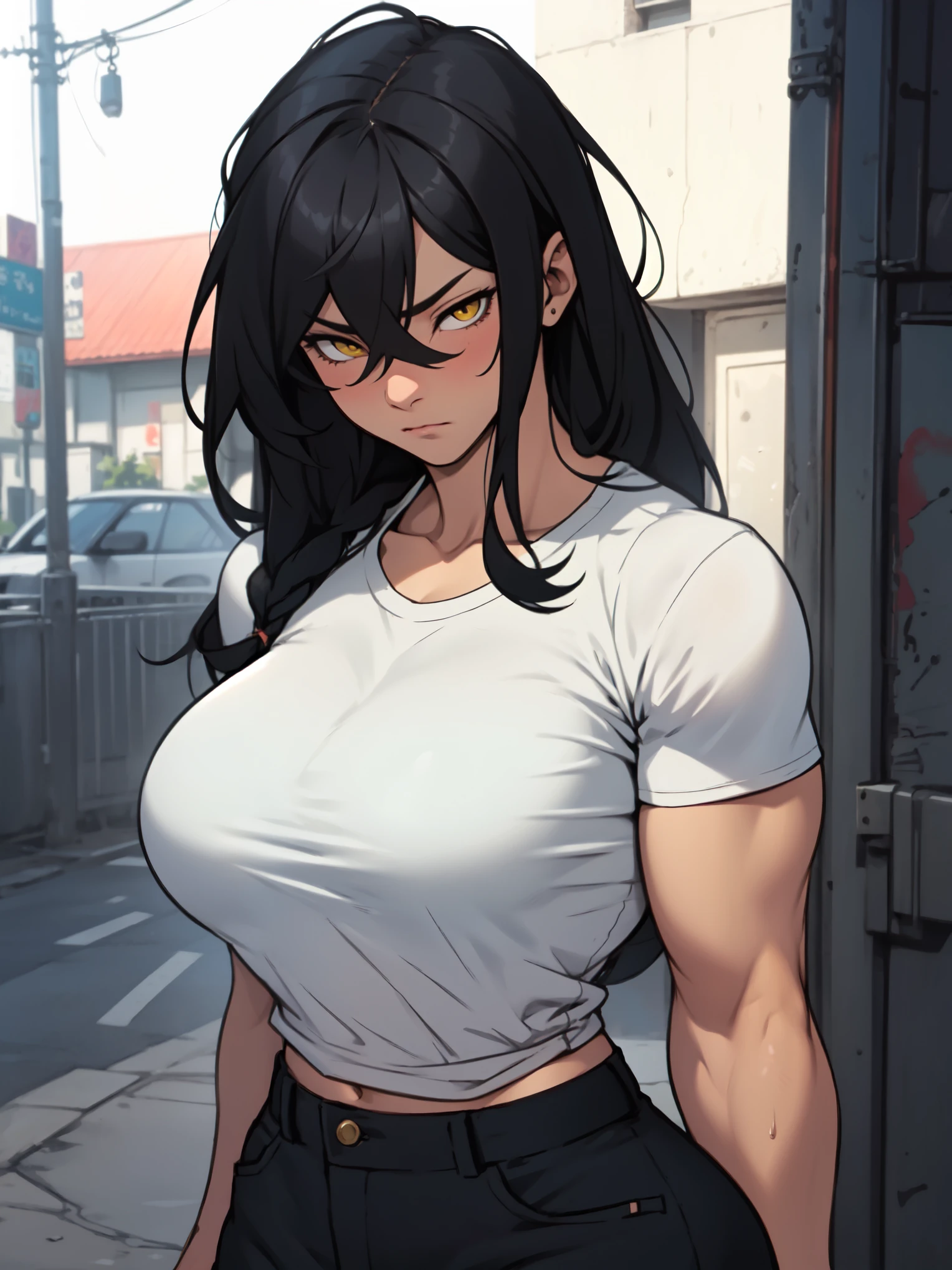 solo muscular girl muscular girl muscular girl thick thick thick breasts breasts breasts massive hair black hair yellow eyes pale skin embarrassed empty eyes sad SFW SFW SFW SFW