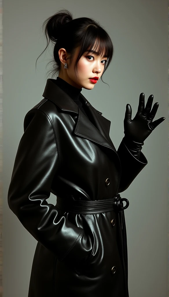 Arafed woman in a black leather coat and gloves posing for a picture ...