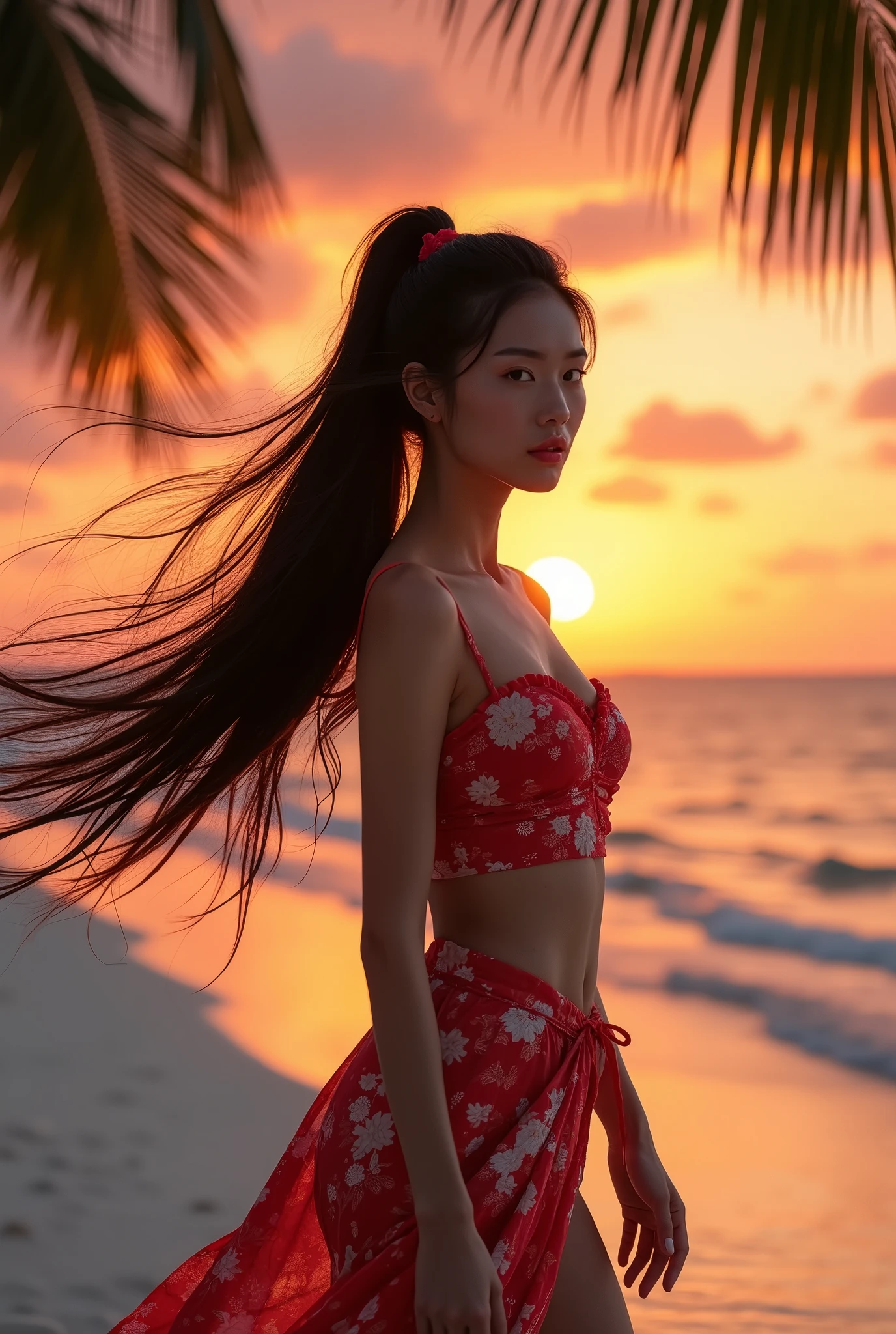 Realistic photo of Extremely beautiful modern oriental female with long black ponytail and bright brown eyes. Ideal body weight (not too slim) , Messy hair is blowing by the wind. Wears a red and white crop top unique design. Coconut leaf and sunset sky in the background. Backlight and rim light. She walking by bare foot on the white sand. Medium shoot with low angle. Full body shoot, ultra hd quality picture