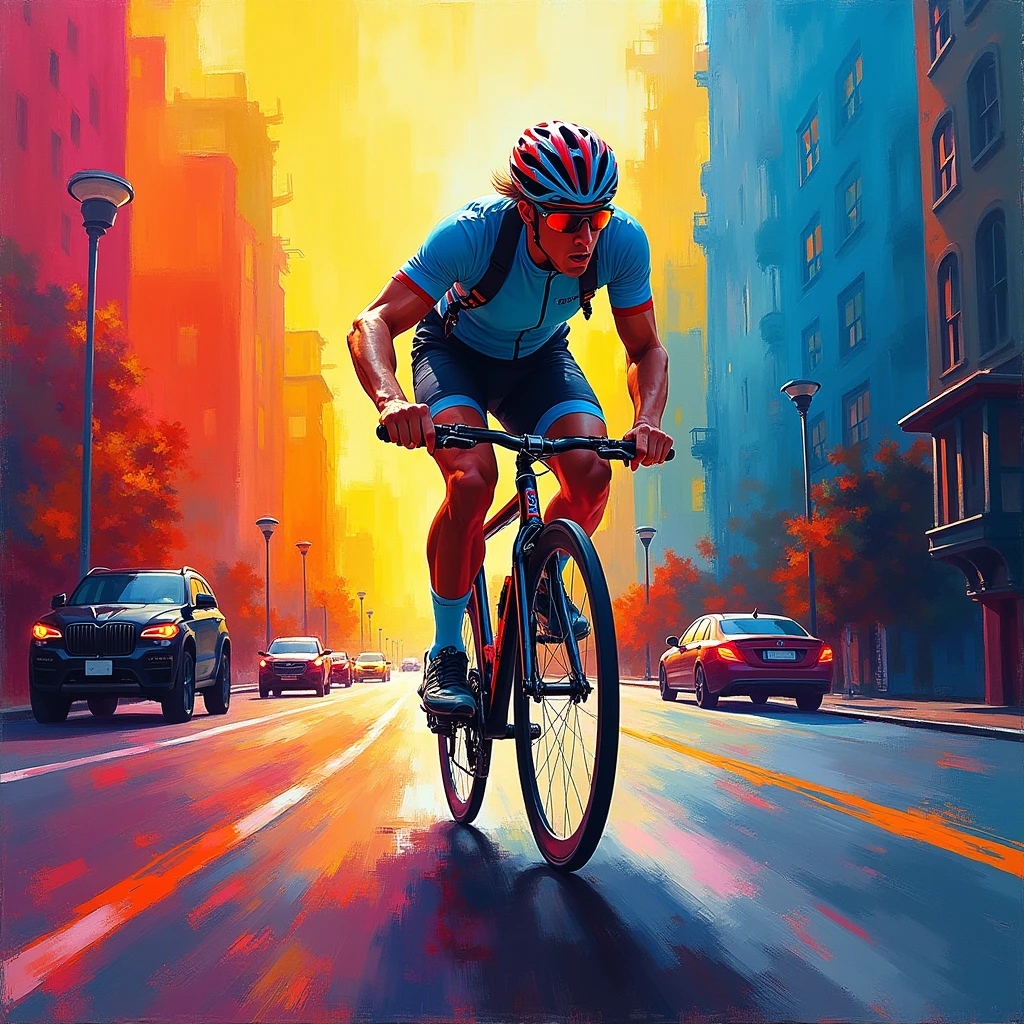 Riding a Bicycle, Acrylic Paint art style, fast-drying paint, versatile, vibrant colors, expressive brushwork, rich textures, dynamic compositions, bold contrasts, layered depth, tactile quality, fluid movement, lively energy, immersive atmosphere, professional-grade finish, (best quality, masterpiece, photorealistic), very aesthetic, perfect composition, intricate details, ultra-detailed, vivid colors