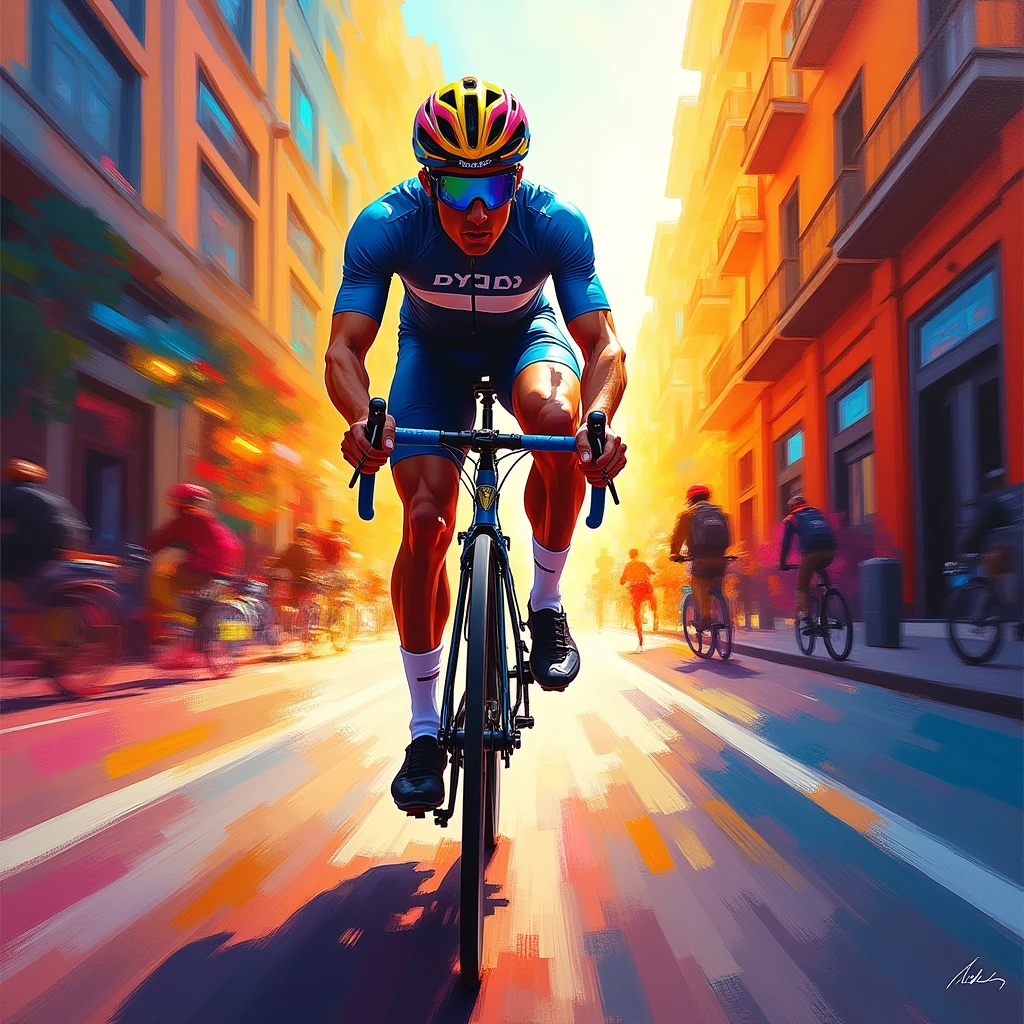 Riding a Bicycle, Acrylic Paint art style, fast-drying paint, versatile, vibrant colors, expressive brushwork, rich textures, dynamic compositions, bold contrasts, layered depth, tactile quality, fluid movement, lively energy, immersive atmosphere, professional-grade finish, (best quality, masterpiece, photorealistic), very aesthetic, perfect composition, intricate details, ultra-detailed, vivid colors