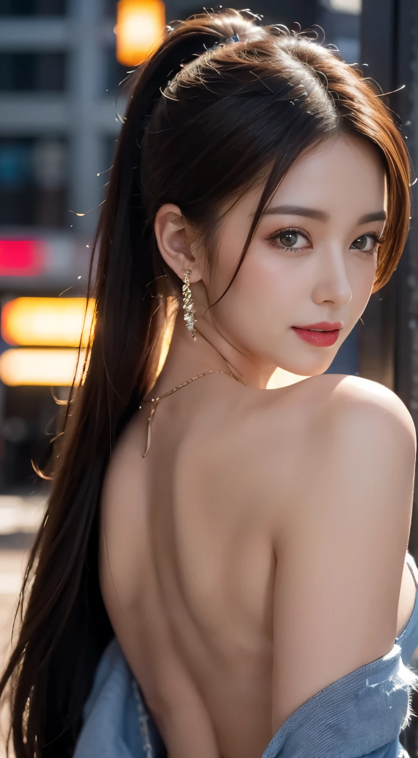 (Realistic, Photorealistic: 1.37), (Masterpiece, Best Quality: 1.2), (Ultra High Resolution: 1.2), (RAW Photo: 1.2, shots on Nikon), (Sharp Focus: 1.3), (Face Focus: 1.37), (Ultra Detailed CG Unified 8k Wallpaper: 1.2), (Beautiful Skin: 1.2), (pale Skin: 1.3), (Hyper Sharp Focus: 1.5), (Ultra Sharp Focus: 1.5), ( Beautiful pretty face: 1.3), (super detailed background, detail background: 1.3), break, very cute and beautiful Japan pictures of woman, (sexy model), professional attire, (22 years old: 1.1), portrait of a girl with a bright smile, upper body image, When viewed from the front, the composition is symmetrical, (Studio lighting: 1.3), (Cinematic lights: 1.3), (backlight: 1.3), dim lighting, lighting that covers the whole body, (looking straight at you, standing:1.3, arms down:1.3, random, model pose), break, (shiny-brown half up thin hair: 1.2), dark brown eyes, upturned eyes, beautiful eyes, princess eyes, ((brown hair:1.3)), single hair, bangs, Hair between eyes, Long hair, curby, abs, perfect abs, (gigantic-breast;1.37, big breast:1.37, big cleavage:1.37), (thin waist: 1.15), (detailed beautiful girl: 1.4), (bare shoulder, Chest squeezed together, View viewer, (blue camisole:1.3, black box-long-skirt:1.3, teacher fashion style, attractive look), Solo, Parted lips, pink lips, (shiny skin), sweat, (school room background:1.5), (light seductive smile:1.25), ((Perfect Female Body)), (Upper Body Image:1.3), Frame the Head, Perfect Anatomy, Perfect Proportions, 8.5 Life-Size, Face Focus, Ultra Realistic Photo, Hyper Sharp Image, Hyper Detail Image