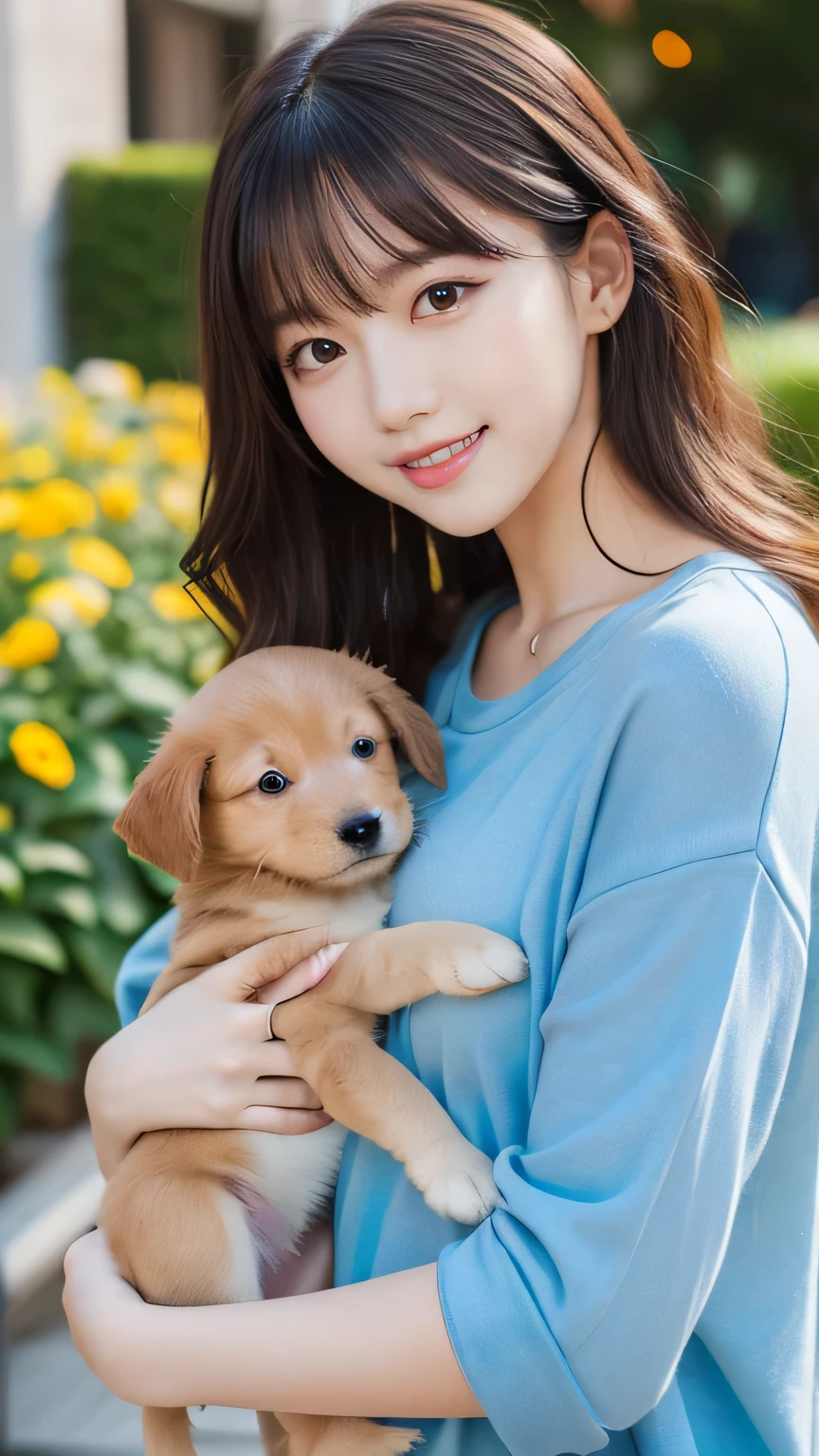 (masterpiece:1.2,Highest quality),Blur the background,1 female college student,((Cute casual clothes)),((Holding a puppy)),Wavy Hair,((Beautiful Eyes)),Blushed,Healthy Skin,(smile),garden,8k resolution