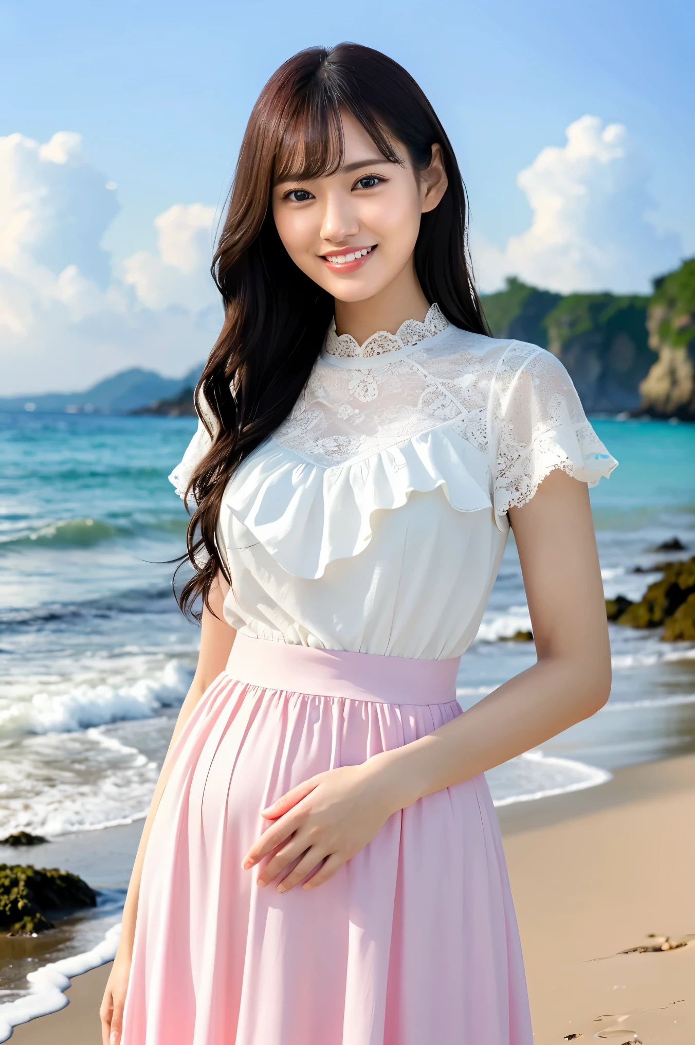 (Highest quality、masterpiece、8k、Best image quality、Hyperrealism、Award-winning works)、1 pregnant woman、(alone:1.1)、(1 photo:1.1)、(Cute wavy hair:1.1)、(White shirt with elegant lace and frills:1.2)、(Light pink long flare skirt, transparent, Light berry pattern.:1.2)、(The most natural slight pregnancy bump:1.1)、Large Breasts、(Beautiful Hiroshi々とした滑らかな砂浜にStanding Elegantly:1.2)、(Beautiful and mysterious beach background:1.4)、Beautiful surf edge、(Beautiful sunny sky:1.1)、(Beautiful thunderclouds:1.1)、(Standing Elegantly:1.1)、Look at me with your best smile、Accurate anatomy、Perfect Makeup、Long eyelashes、Glossy Lips、Ultra HD glossy skin、(Ultra-high resolution, bright and beautiful skin:1.2)、(very bright and vivid:1.3)、超高精細のGlossy Lips、Ultra-high resolution beautiful teeth、(very bright and vivid:1.1)