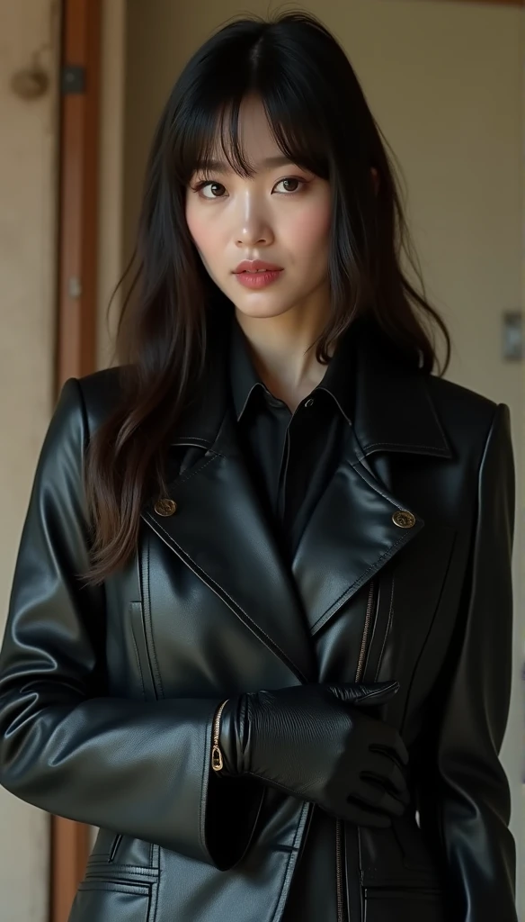 1990's Amateur, 1 Woman, Work Alone, Superb, Masterpiece, Korean Female Actress, Beautiful, 50, Ultra Realistic Black Realistic Leather double Trench Long coat and 8K Ultra Realistic Black Realistic Leather Elbow Gloves, 5-Finger Handjob with Love Juice and nsfw, Leg Spreading, Masturbation, Bullet Vibrator: 3. 5. covered in cum, Nipples Cum: 1.3, cum string, woman ejaculating: 5.0, office black realistic leather double trench long coat wearing erotic nsfw, ultra realistic black realistic leather double trench long coat: 5.0, cum dripping: 5.0, ultra realistic 5 fingers black realistic leather glove blowjob, ultra realistic 5 fingers black realistic leather glove oral, ultra realistic 5 fingers Black Real Leather Glove Licking_Female Penis:3.5,Vascular Female Penis:3.5, Photo:5.0.