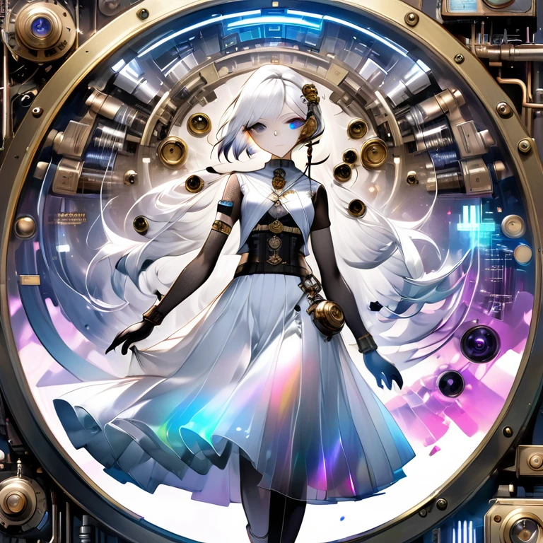 best quality, super fine, 16k, delicate and dynamic, white robot, streamlined without corners, with shape resembling long skirt with flared hem, one blue LED eye, moves on one wheel, X-ray made of transparent crystal, precision machinery inside, circuit boards, diagrams, complex and innumerable colorful cables, IC chips, resistors, capacitors, light-emitting diodes, timers, transparent translucent anatomy, iridescent neon colors wiring diagram and LED, picture frame and background that mixes and fuses steampunk, dieselpunk, and clockpunk, analyzer room lab