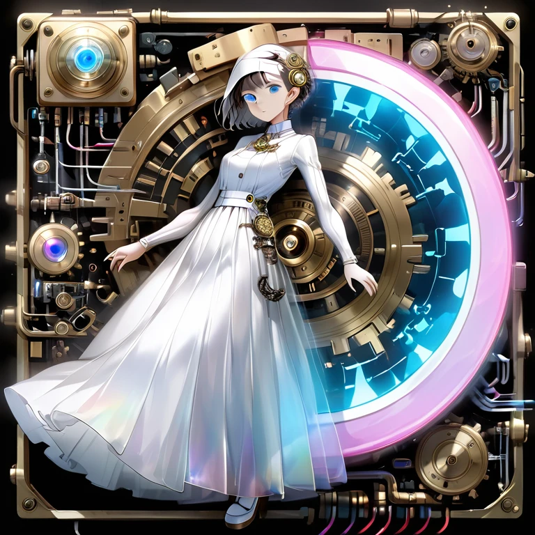 best quality, super fine, 16k, delicate and dynamic, white robot, streamlined without corners, with shape resembling long skirt with flared hem, one blue LED eye, moves on one wheel, X-ray made of transparent crystal, precision machinery inside, circuit boards, diagrams, complex and innumerable colorful cables, IC chips, resistors, capacitors, light-emitting diodes, timers, transparent translucent anatomy, iridescent neon colors wiring diagram and LED, picture frame and background that mixes and fuses steampunk, dieselpunk, and clockpunk, analyzer room lab