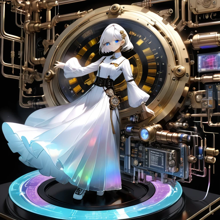 best quality, super fine, 16k, delicate and dynamic, white robot, streamlined without corners, with shape resembling long skirt with flared hem, one blue LED eye, moves on one wheel, X-ray made of transparent crystal, precision machinery inside, circuit boards, diagrams, complex and innumerable colorful cables, IC chips, resistors, capacitors, light-emitting diodes, timers, transparent translucent anatomy, iridescent neon colors wiring diagram and LED, picture frame and background that mixes and fuses steampunk, dieselpunk, and clockpunk, analyzer room lab
