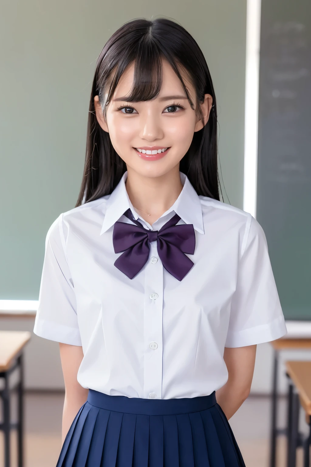 masterpiece, best quality, photorealistic, raw photo, DSLR, 18yo beautiful Japanese girl, shiny fair skin, realistic beautiful no makeup face, realistic beautiful bright eyes, double eyelids, look at viewer, smiling, highest detailed shiny black short ponytail, disheveled hair, slim figure, slim face, slim waist, medium breasts, ((school uniform, short sleeve shirt, pleated skirt)), realistic lighting and shadows, depth of fields, highest delicate and beautiful photo, ultra high resolution, 8k UHD wallpaper, embarrassed smile, classroom, sitting on the desk, skirt lift