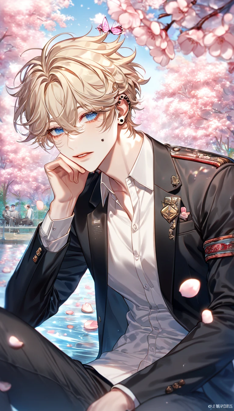 absurdres, highres, ultra detailed, HDR, master piece, best quality, extremely detailed face, delicated features, Lim Haegyung, ash-blonde hair, hair between the eyes, messy hair, expressive blue eyes, Love Jinx, solo, sexy man sitting, handsome, sensual, uniform, black jacket, white shirt, black pants, black piercings, cherry blossoms, pink flowers, pink butterflies, pink petals, water, park
