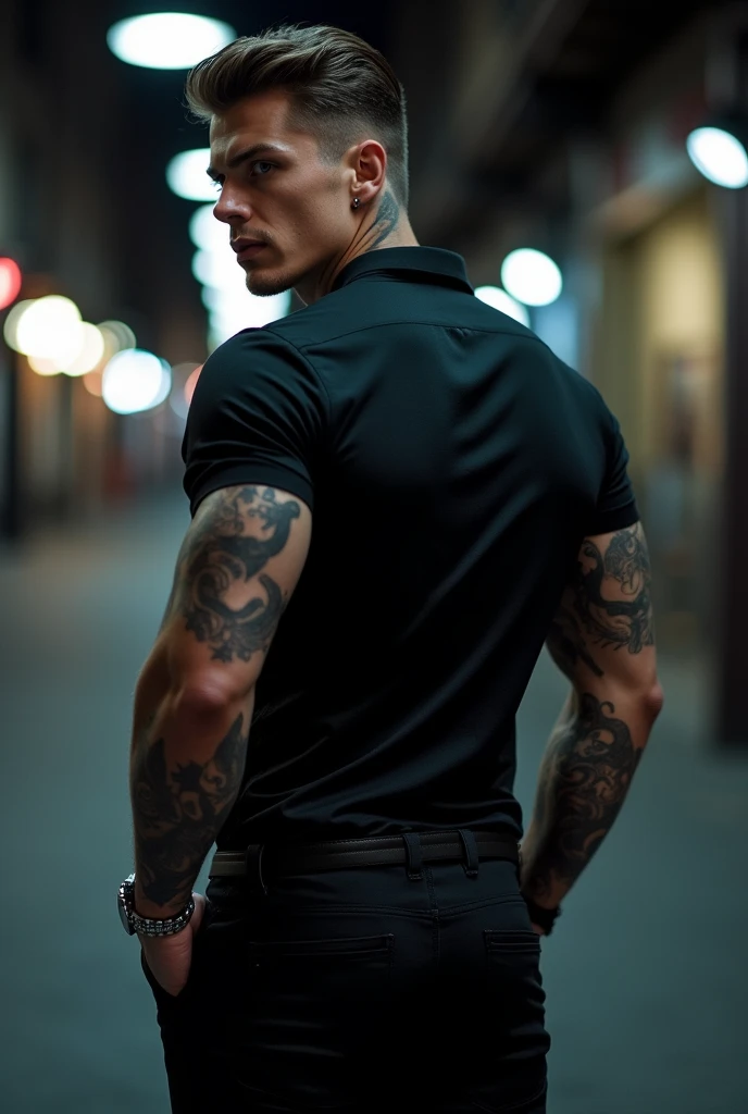 Create a guy in his 30s with Russian and Italian features, That his eyes be blue, medium light brown hair, height of 1.muscular man with tattoos on his left arm that reach his fingers , A piercing on his lower lip on the right side. He is dressed in elegant clothes, a black shirt , He's wearing black pants, He has his back to us, looking over his shoulder