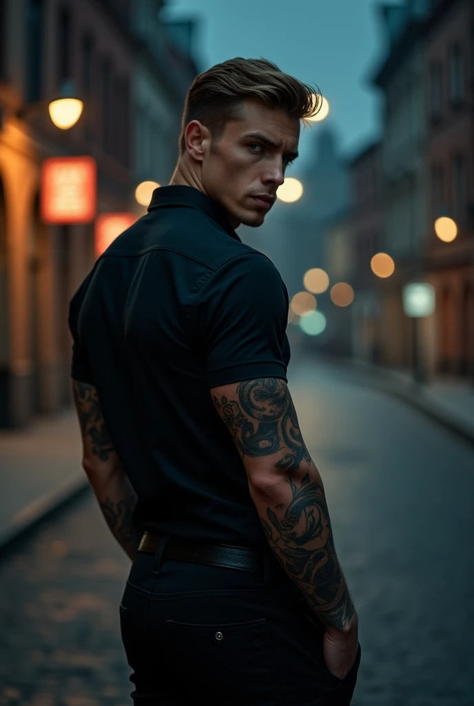 Create a guy in his 30s with Russian and Italian features, That his eyes be blue, medium light brown hair, height of 1.muscular man with tattoos on his left arm that reach his fingers , A piercing on his lower lip on the right side. He is dressed in elegant clothes, a black shirt , He's wearing black pants, He has his back to us, looking over his shoulder 