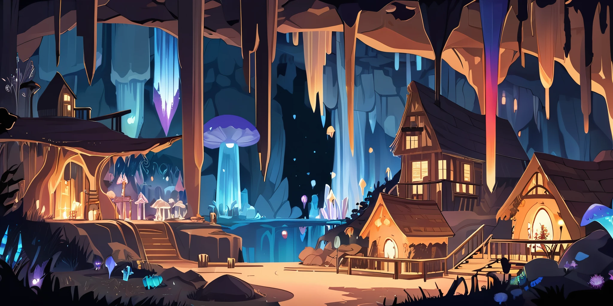 Dessinez un poster d'un village, dans le style lofi, magical decoration, cascade of light, cave, stalagmites, Stalactites, mushroom, crystals, la nuit, beautiful taupe color palette, couleurs saturées vibrantes, Artwork, aucun humain, dark brown theme