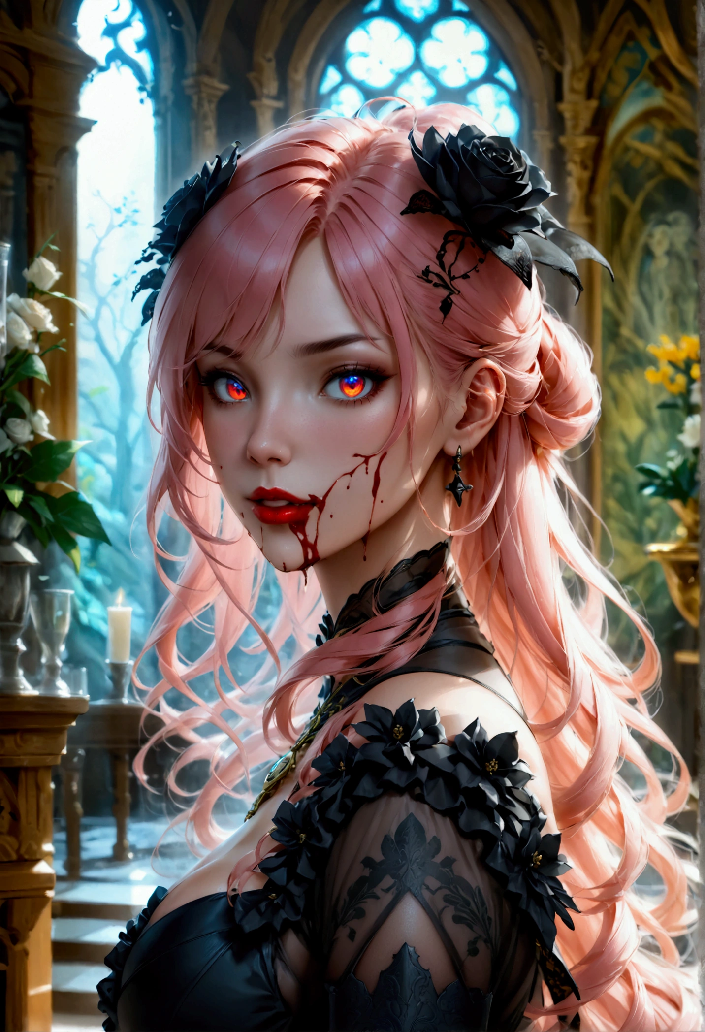 Arafed, dark fantasy art, glamour shot, award winning shot, photorealistic, a portrait of a female vampire drinking a ((glass of blood)), pink hair, long hair, red lips, glowing eyes, there is an imprint of white rose, dynamic color, she wears, an elegant (black dress: 1.5), catholic church and altar background, bar background, 16k, ultra detailed, masterpiece, best quality, (extremely detailed), rpg portrait, art by mooncryptowow, photograph