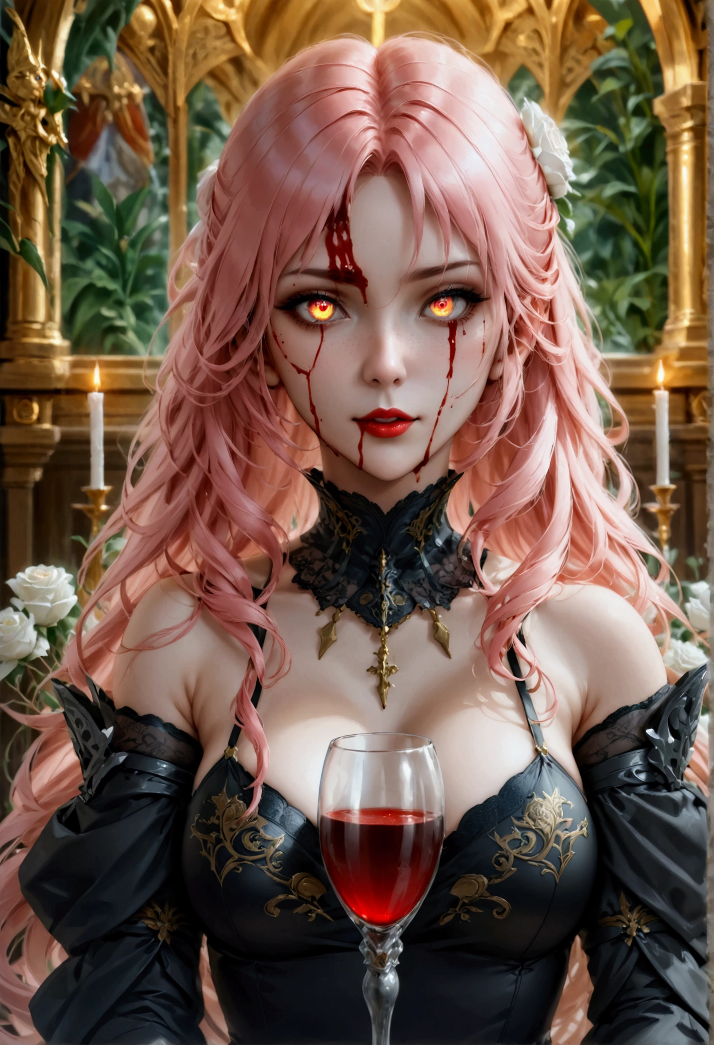 Arafed, dark fantasy art, glamour shot, award winning shot, photorealistic, a portrait of a female vampire drinking a ((glass of blood)), pink hair, long hair, red lips, glowing eyes, there is an imprint of white rose, dynamic color, she wears, an elegant (black dress: 1.5), catholic church and altar background, bar background, 16k, ultra detailed, masterpiece, best quality, (extremely detailed), rpg portrait, art by mooncryptowow, photograph