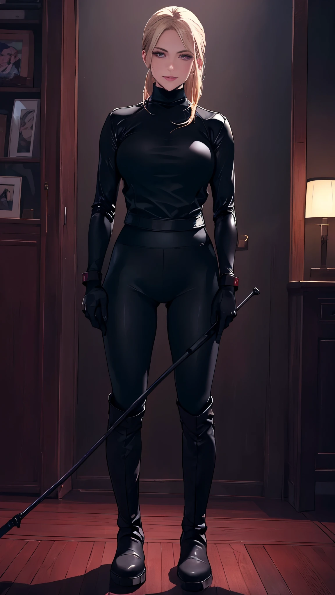 (highest resolution, distinct_image) best quality, a woman, solo, masterpiece, highly detailed, semi realistic, blonde hair, bangs, 18 years old, mature, young, tall strong, uniform, military uniform( large indoor background), cold, serious, tall, handsome, autocratic, powerful, exquisite facial features, exquisite facial features, (full body)(black knee-high boots:1.4)(dominatrix:0.3)( Yoga pants:1.3),(gloves:1.5)(long sleeves),(active sportswear shirt),solo,1girl,(looking at viewer),(from below:0.9)(head turned upwards:0.3)(smiling:0.4)(bodysuit:0.3)(holding riding crop:1.2)(muscular:0.9)(shirt tucked in pants:1.1),(parquet flooring)(standing on floor)(pretty eyes)(staring)(yandere), white hair, superior smirk, smiling, devious, anime look, detailed drawing, manga, illustration , pink eyes, superior, smug, organized, (from_below:1.2)