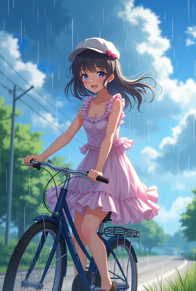 beautifully detailed (face, lips, thigh): 1.37, Summer, thunder clouds, rain, girl riding a bicycle:1.5, intricate detailed bicycle, smooth hair, gentle smile, turning around, vibrant ruffles pretty sundress, joyfull expression, half open mouth, wet hair and clothes, dynamic angle, Japanese anime style