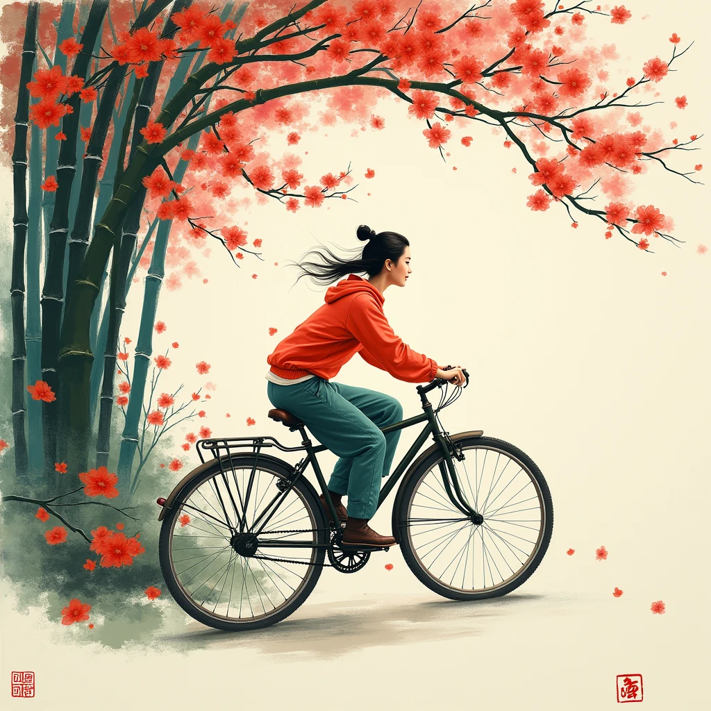 Riding a Bicycle, Chinese ink brush art style, graceful brushwork, elegant compositions, traditional motifs, professional-grade execution, captures the essence of Chinese culture and aesthetics, (best quality, masterpiece, photorealistic), very aesthetic, perfect composition, intricate details, ultra-detailed, vivid colors