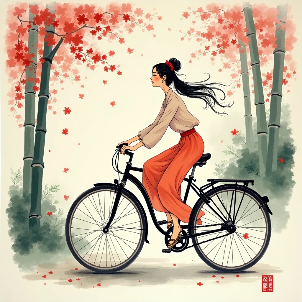 Riding a Bicycle, Chinese ink brush art style, graceful brushwork, elegant compositions, traditional motifs, professional-grade execution, captures the essence of Chinese culture and aesthetics, (best quality, masterpiece, photorealistic), very aesthetic, perfect composition, intricate details, ultra-detailed, vivid colors