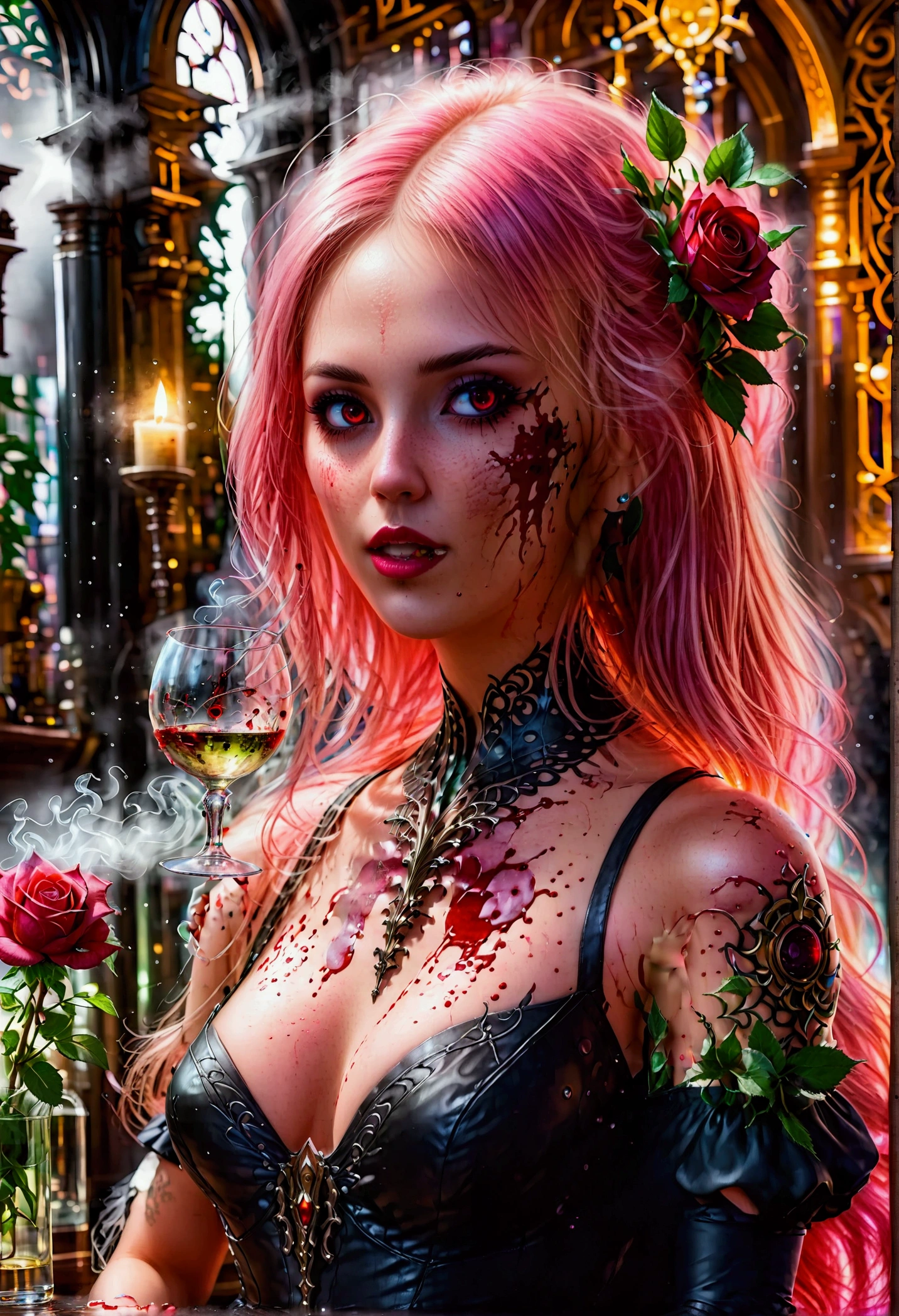 Arafed, dark fantasy art, glamour shot, award winning shot, photorealistic, a portrait of a female vampire drinking a ((glass of blood)), pink hair, long hair, red lips, glowing eyes, there is an imprint of white rose, dynamic color, she wears, an elegant (black dress: 1.5), catholic church and altar background, bar background, 16k, ultra detailed, masterpiece, best quality, (extremely detailed), rpg portrait, art by mooncryptowow, photograph