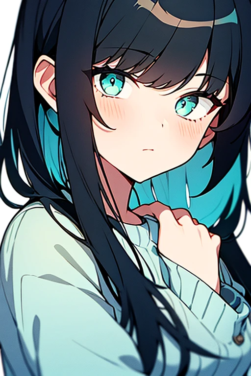 Girl with black hair with light blue ends and dark green eyes