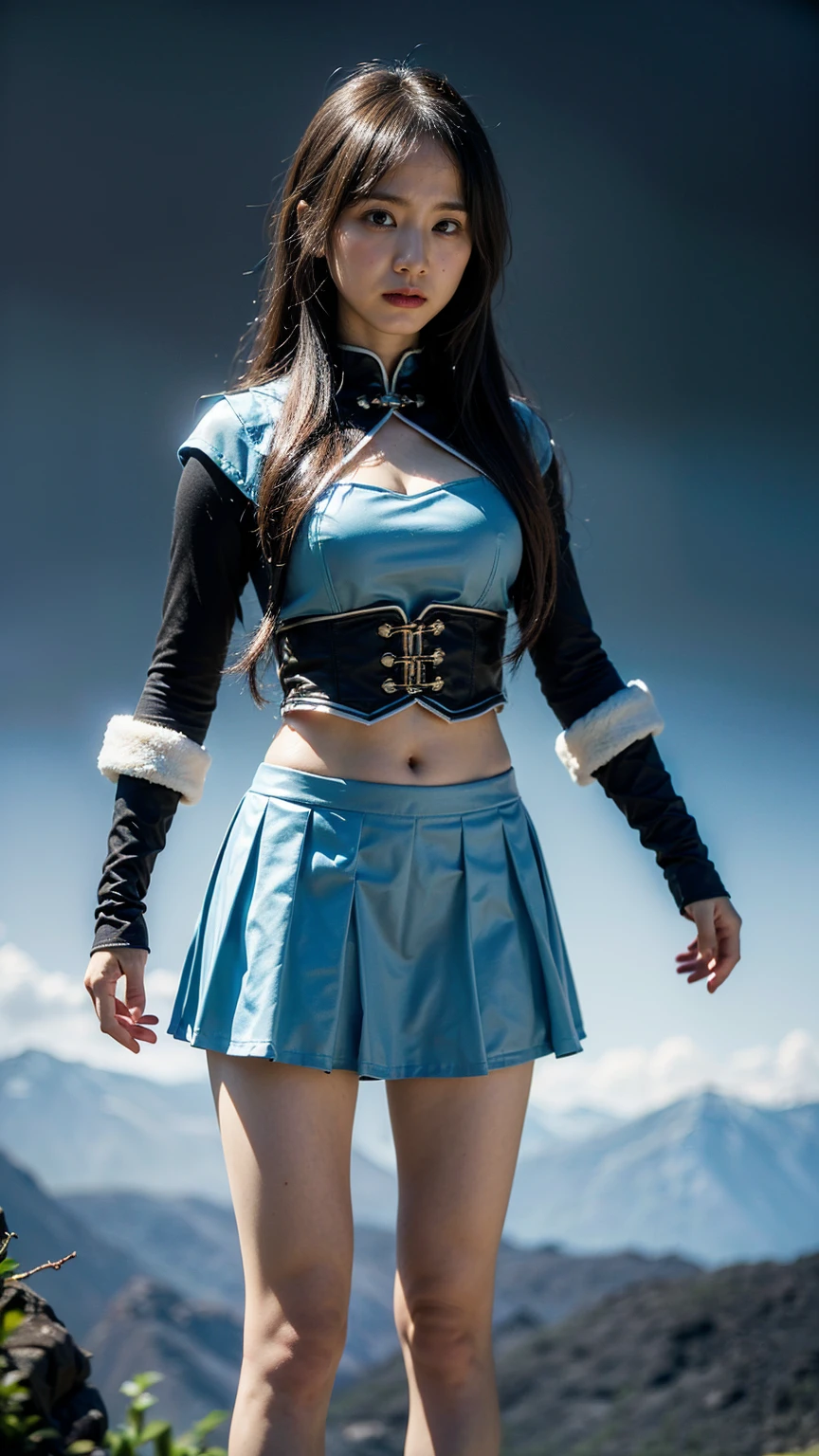 (8k、RAW Photos、Highest quality、masterpiece:1.2)、(Realistic、Realistic)、1 person、((Black and light blue mini skirt、Fantasy Costume、Warrior's clothing、See-through、Shoulder visible、garden、garden、Breast enlargement、boots、cool、Thin legs、whole body、View from the front、Looking into the camera、Stand with hands on hips))、cute