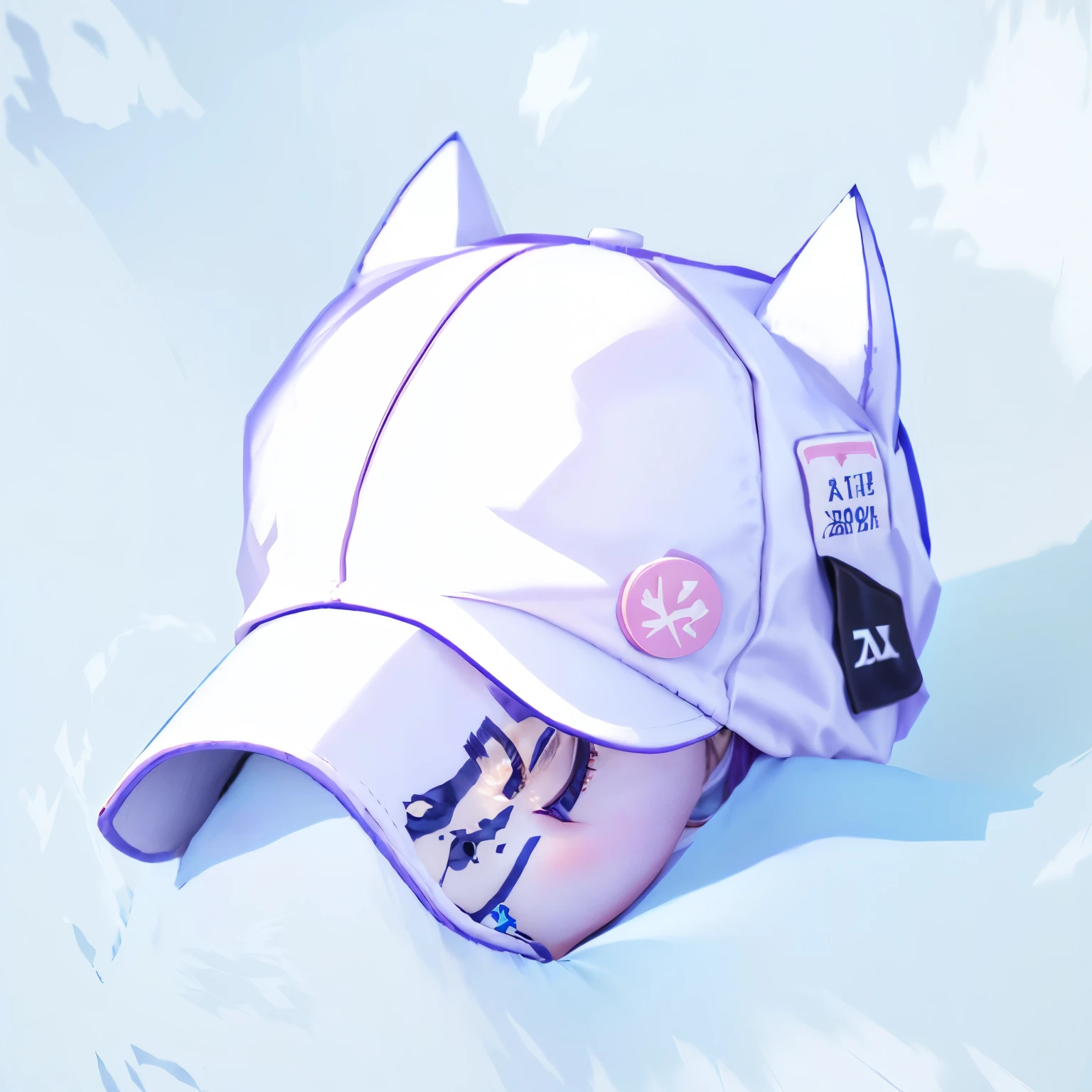 anime - style cap with cat ears and a name tag on it, white cap, vaporwave cartoon, smol fluffy cat wearing smol hat, white hat, cute hats, white baseball hat, white baseball cap, white fox ears, pokemon cap, vaporwave, profile pic, ahegao, wearing a cute hat, detailed image, vaporwave style, fox ears illustration